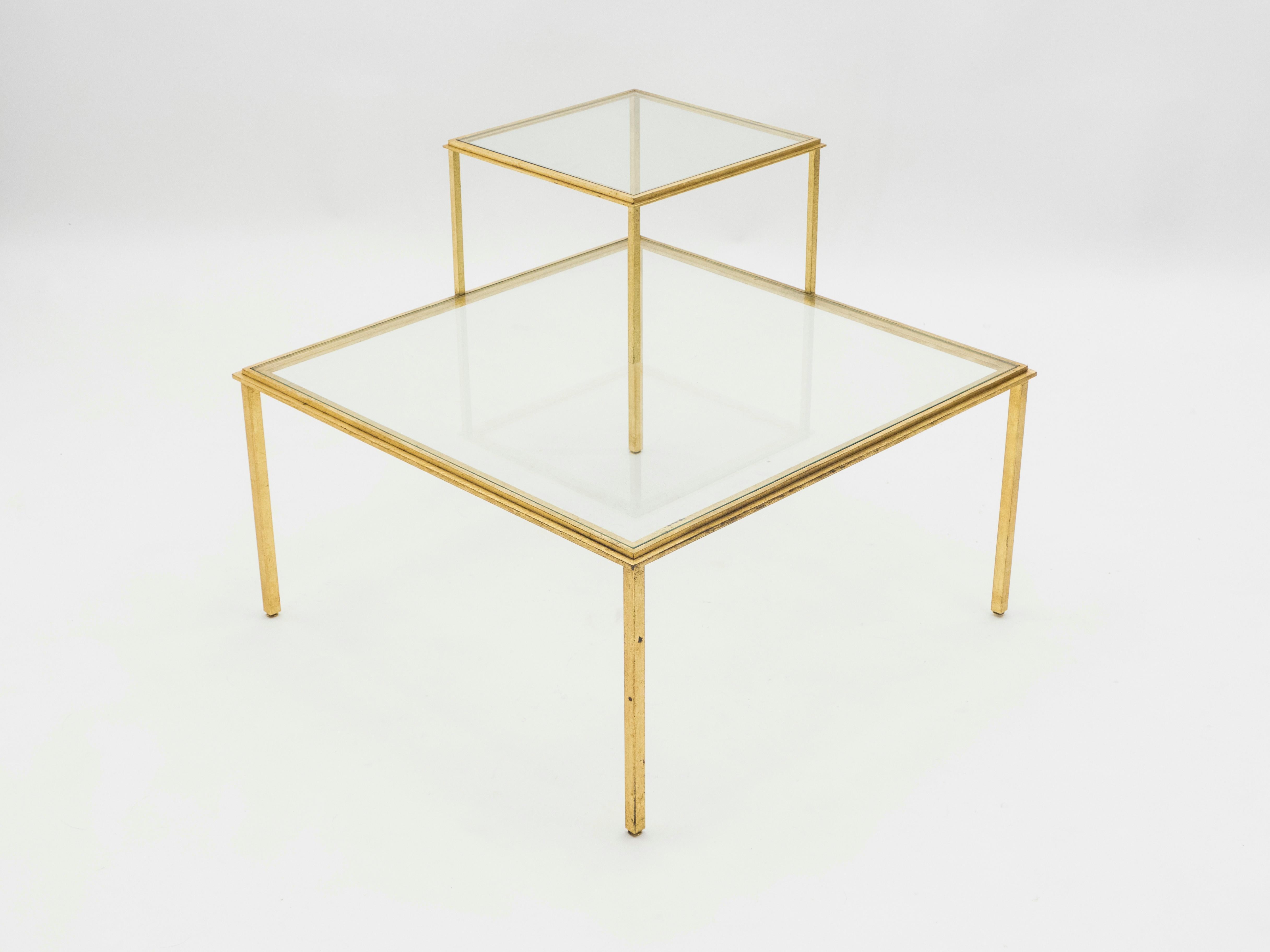 Roger Thibier Gilt Wrought Iron Glass Coffee or End Table, 1960s In Good Condition For Sale In Paris, IDF