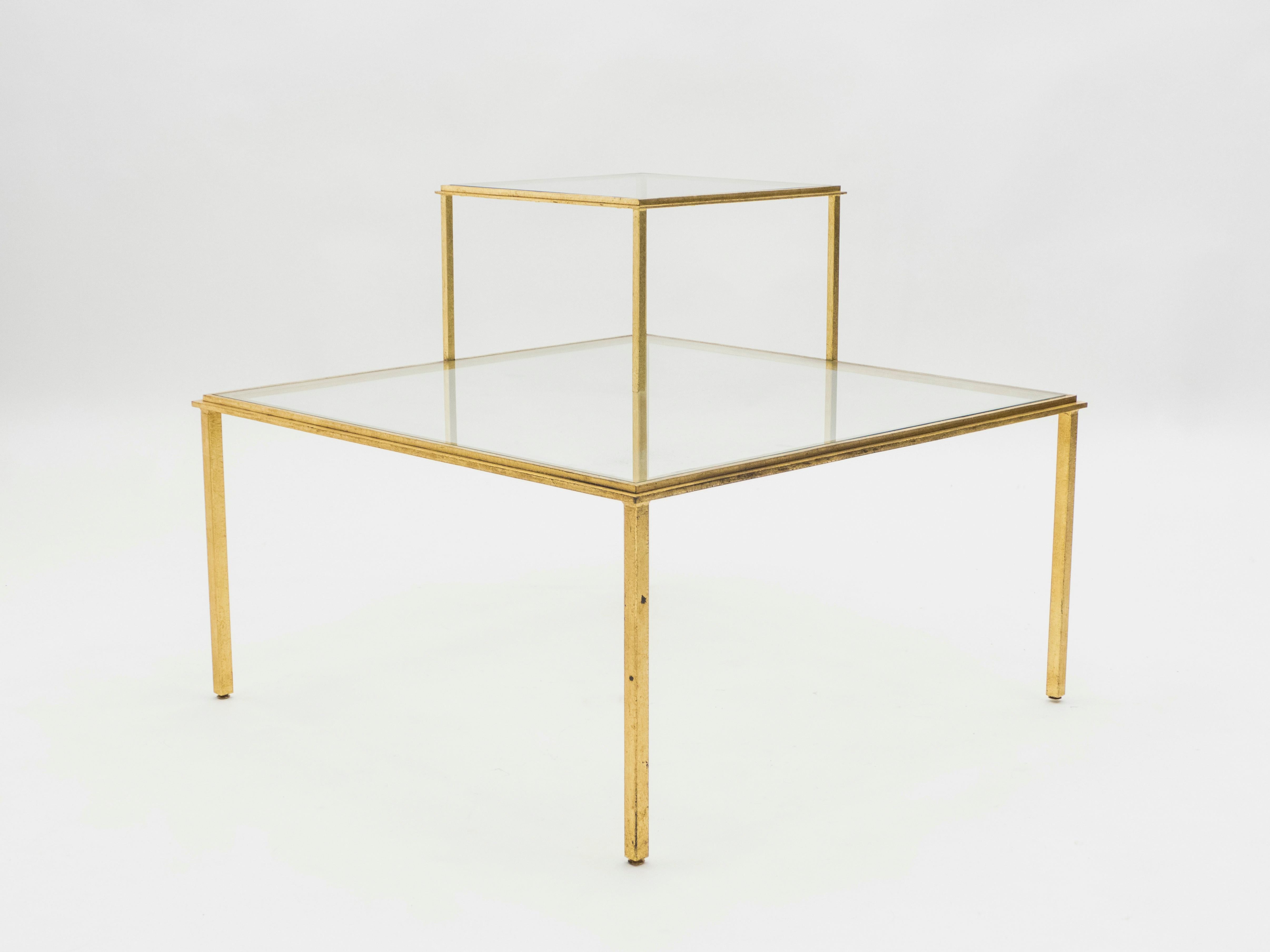 Mid-20th Century Roger Thibier Gilt Wrought Iron Glass Coffee or End Table, 1960s For Sale