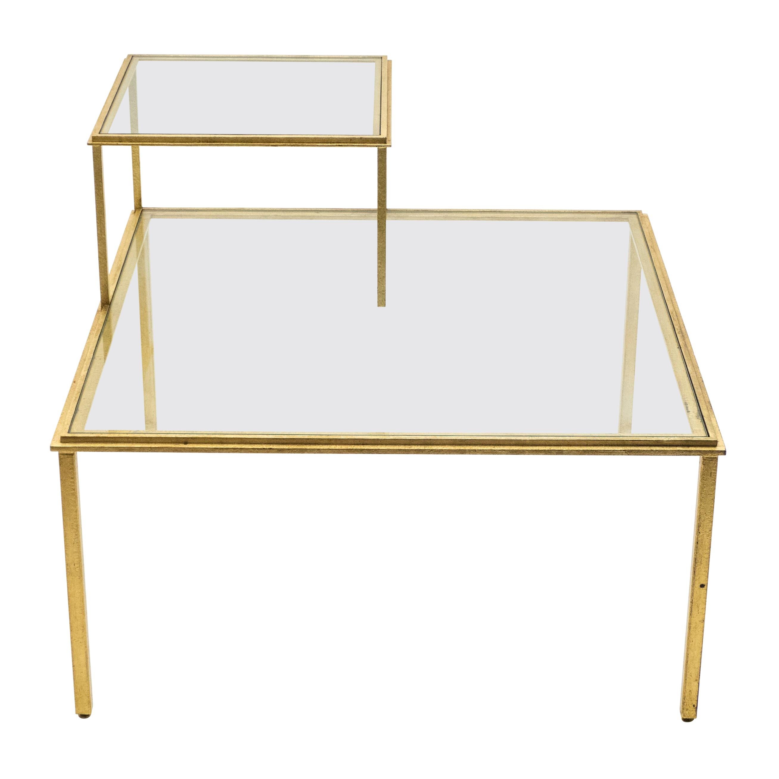 Roger Thibier Gilt Wrought Iron Glass Coffee or End Table, 1960s For Sale
