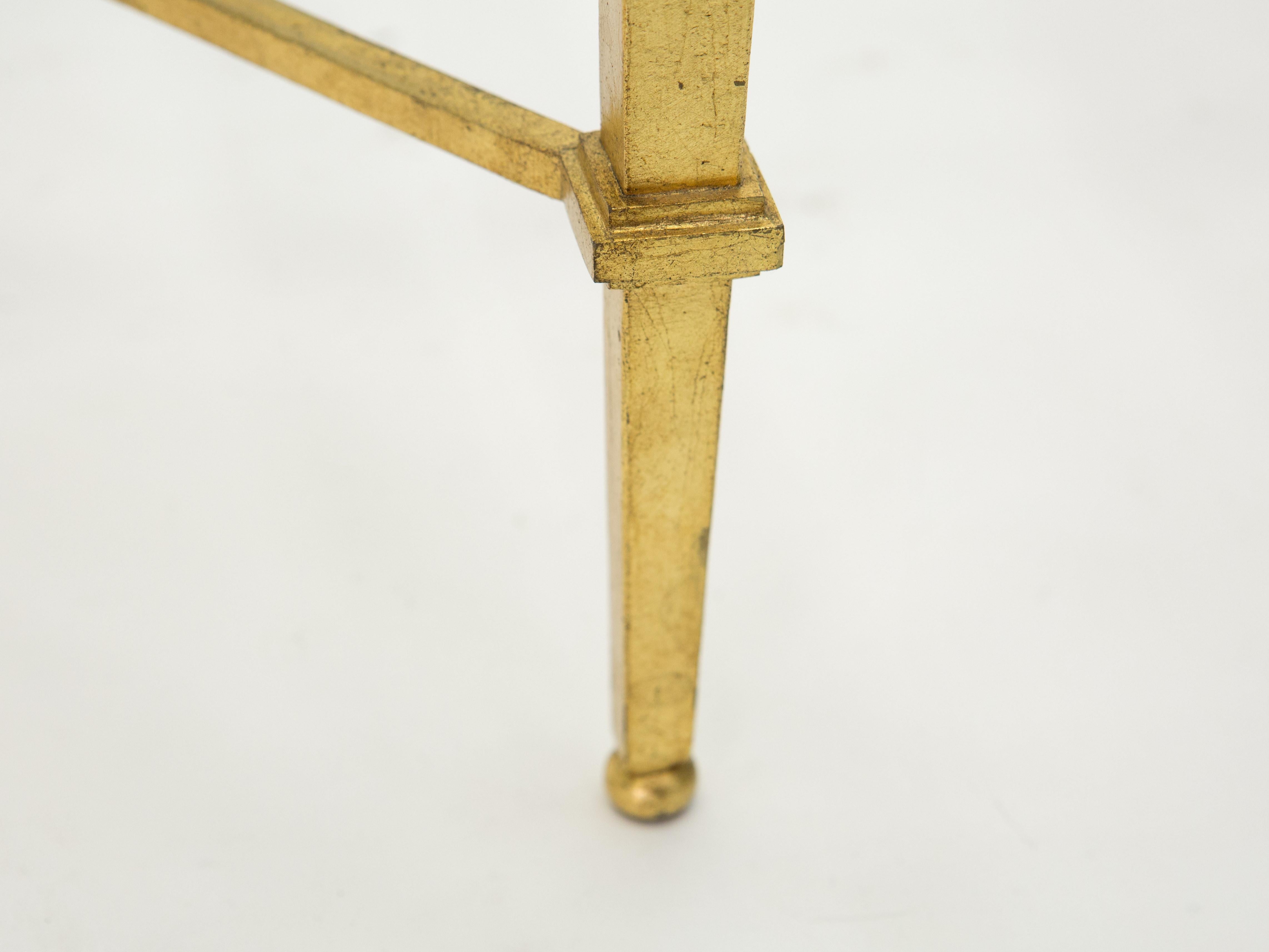 Table d'appoint Roger Thibier à deux niveaux en fer forgé doré et verre, années 1960 en vente 4