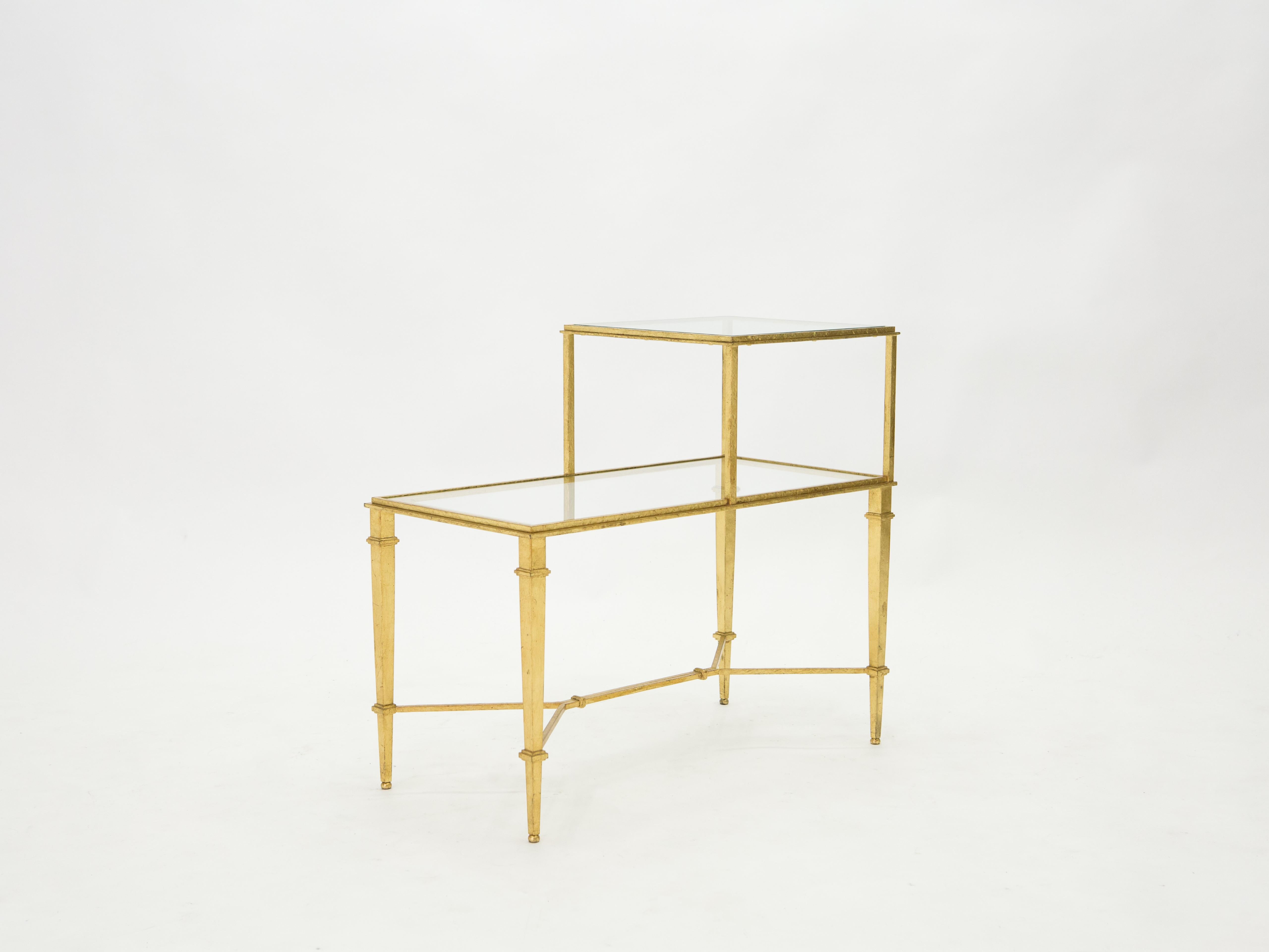 Mid-Century Modern Roger Thibier Gilt Wrought Iron Glass Two-Tier End Table 1960s
