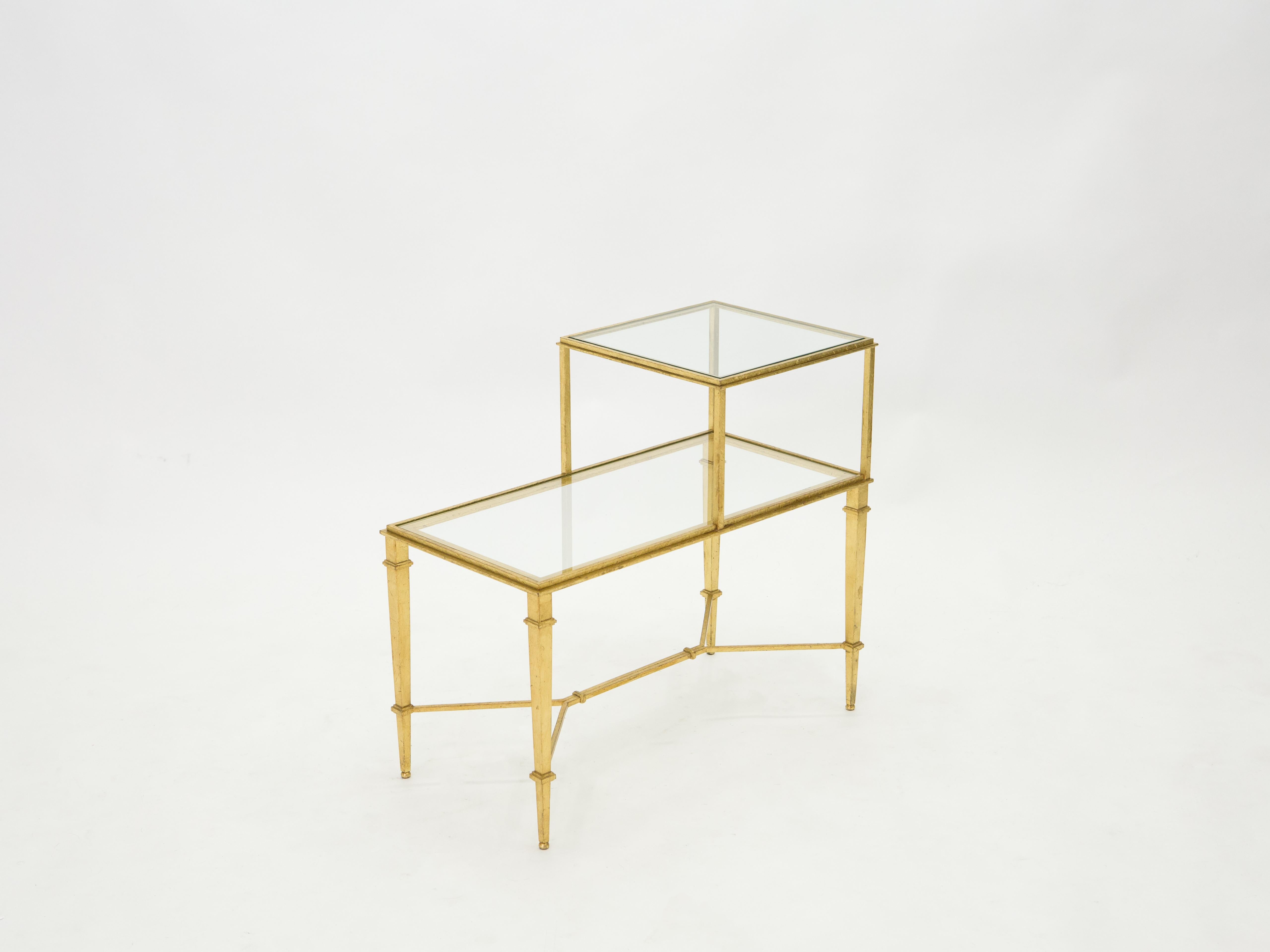 French Roger Thibier Gilt Wrought Iron Glass Two-Tier End Table 1960s