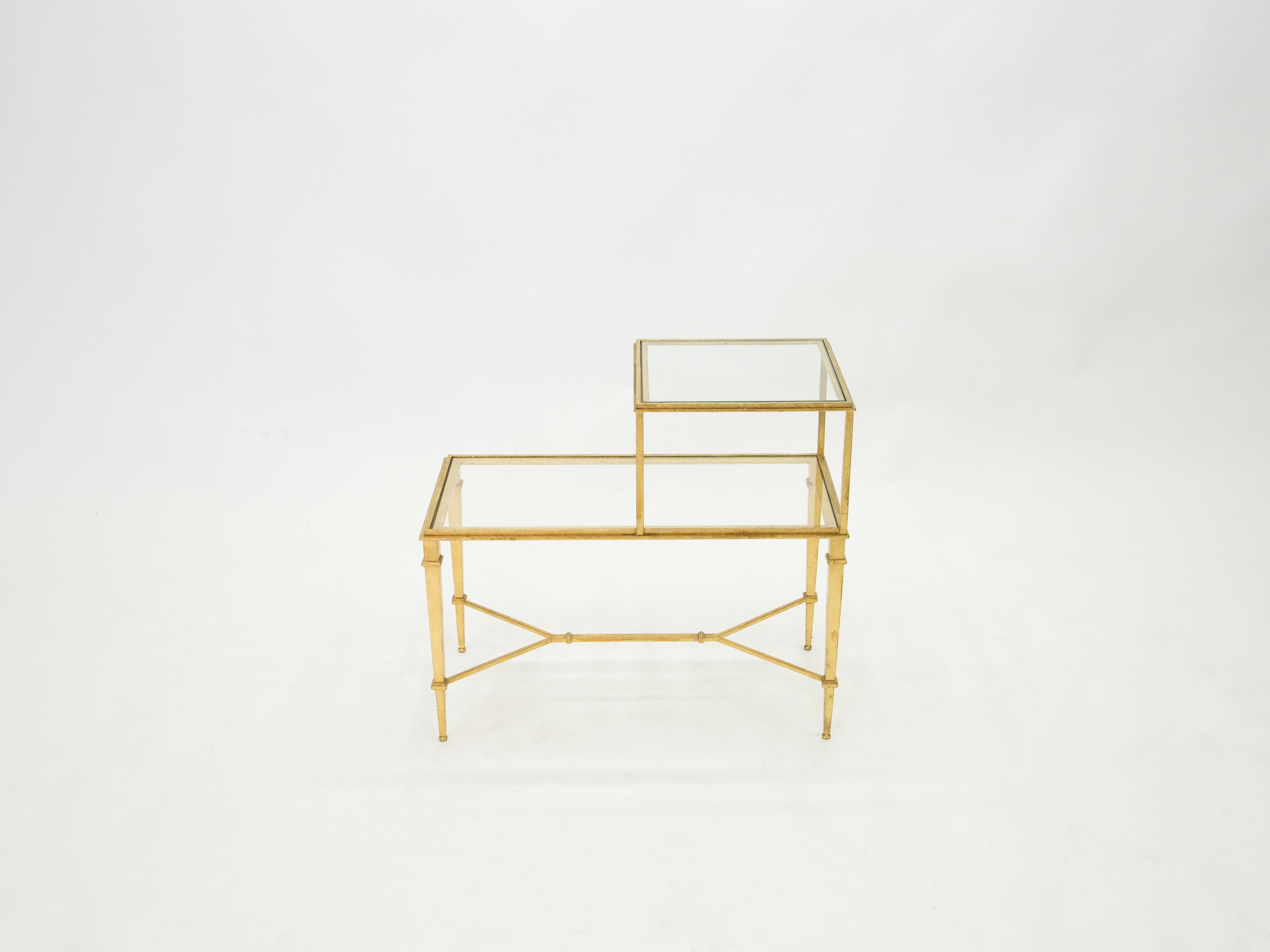 Mid-Century Modern Roger Thibier Gilt Wrought Iron Glass Two-Tier End Table, 1960s For Sale