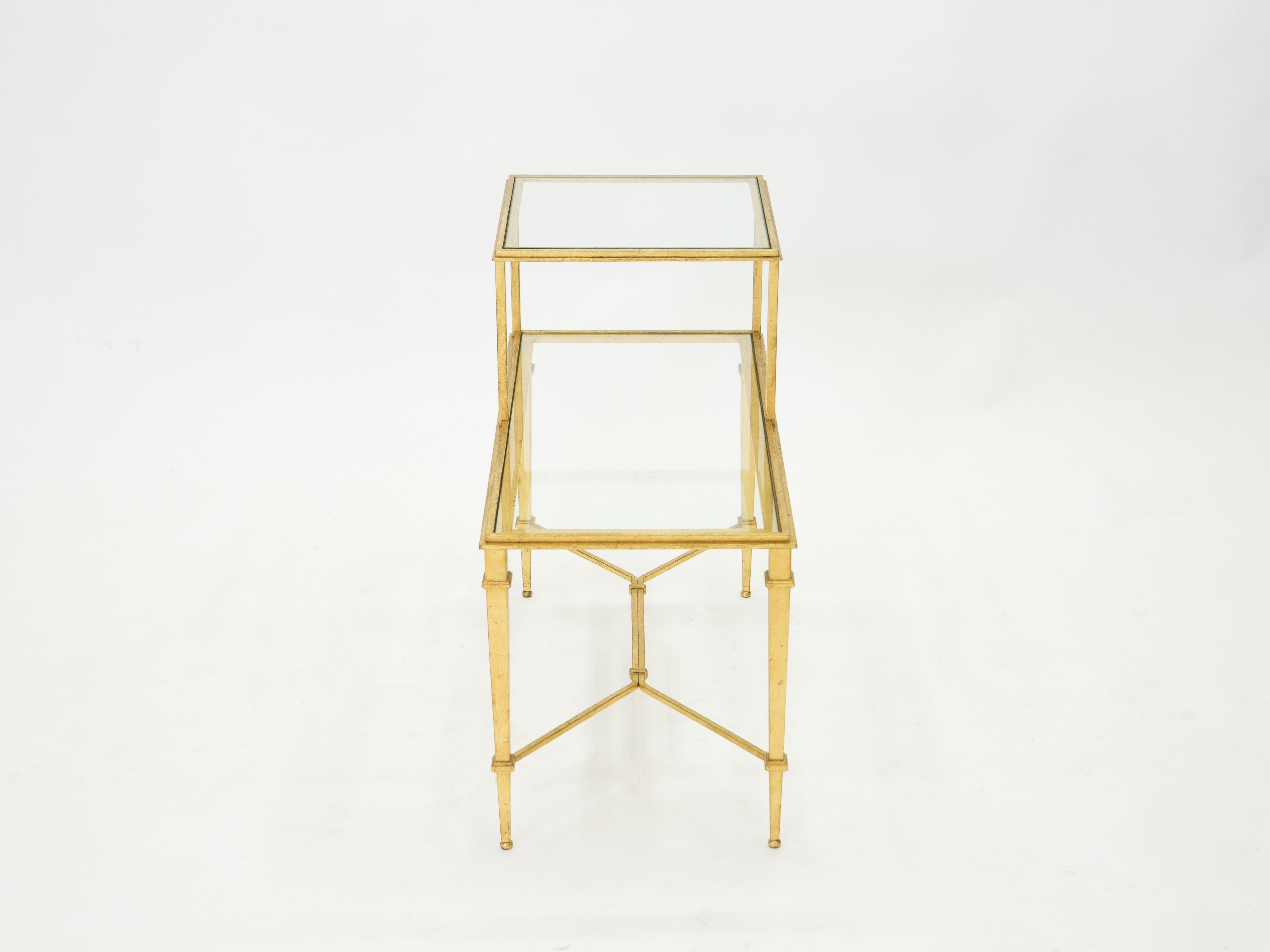 French Roger Thibier Gilt Wrought Iron Glass Two-Tier End Table, 1960s For Sale