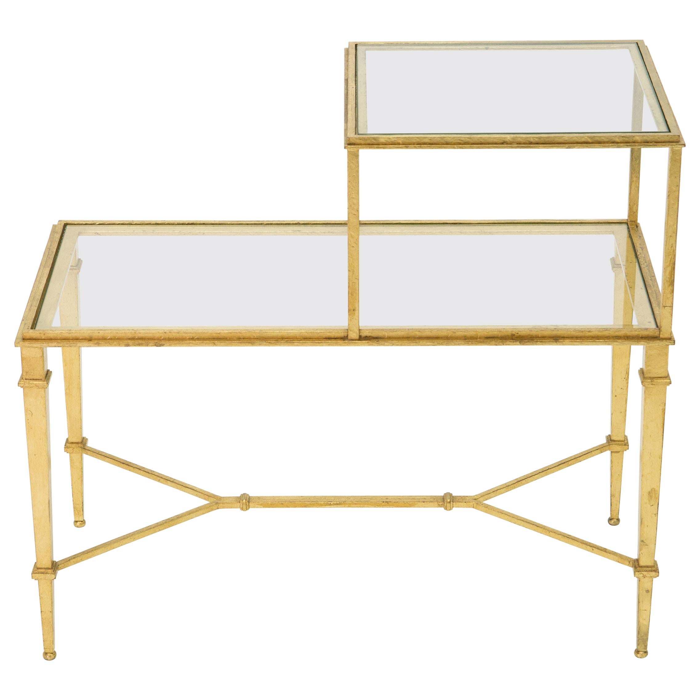 Roger Thibier Gilt Wrought Iron Glass Two-Tier End Table, 1960s In Good Condition For Sale In Paris, IDF