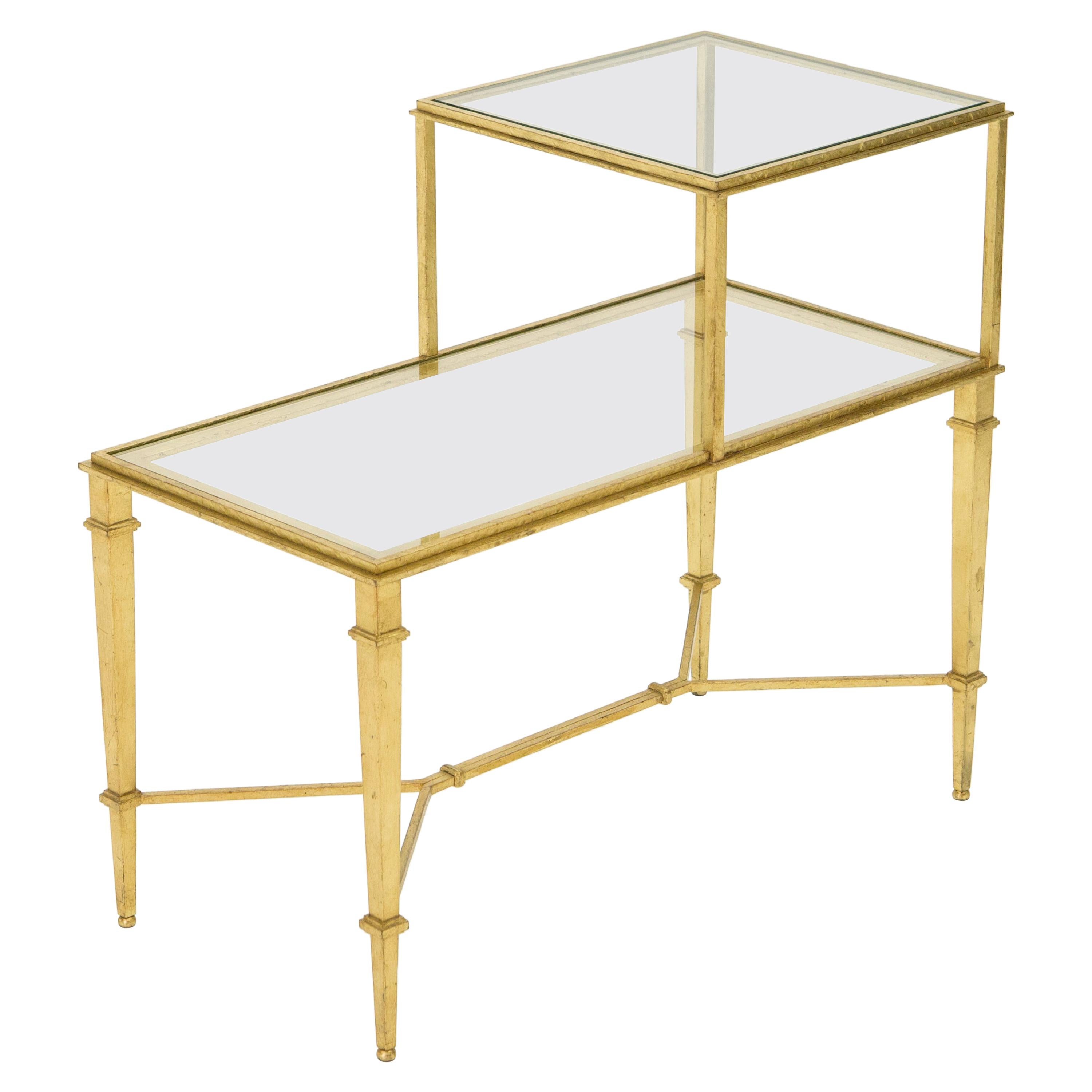 Roger Thibier Gilt Wrought Iron Glass Two-Tier End Table, 1960s For Sale