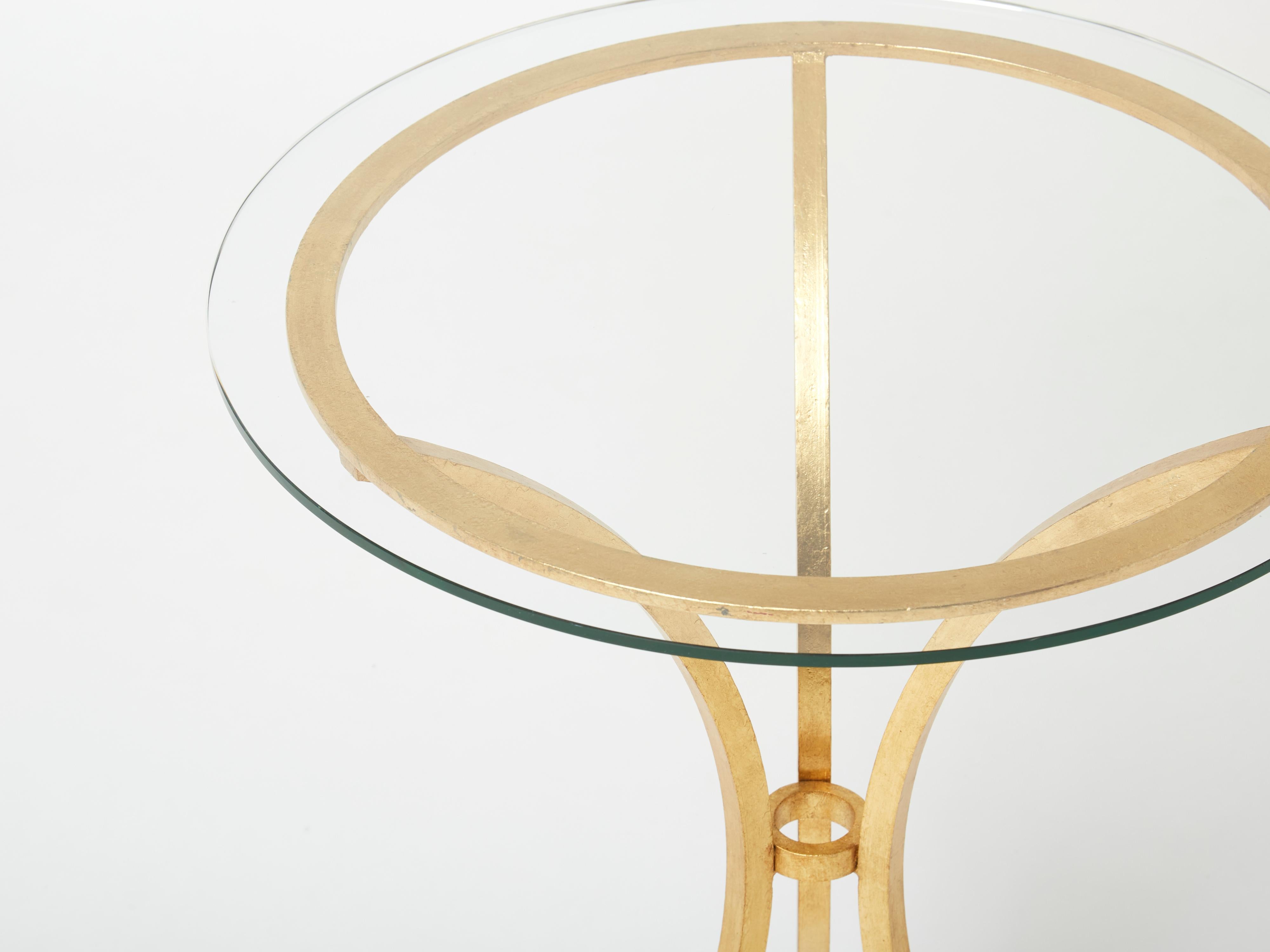 Mid-Century Modern Roger Thibier Gueridon Table Gilded Wrought Iron Glass 1960s For Sale