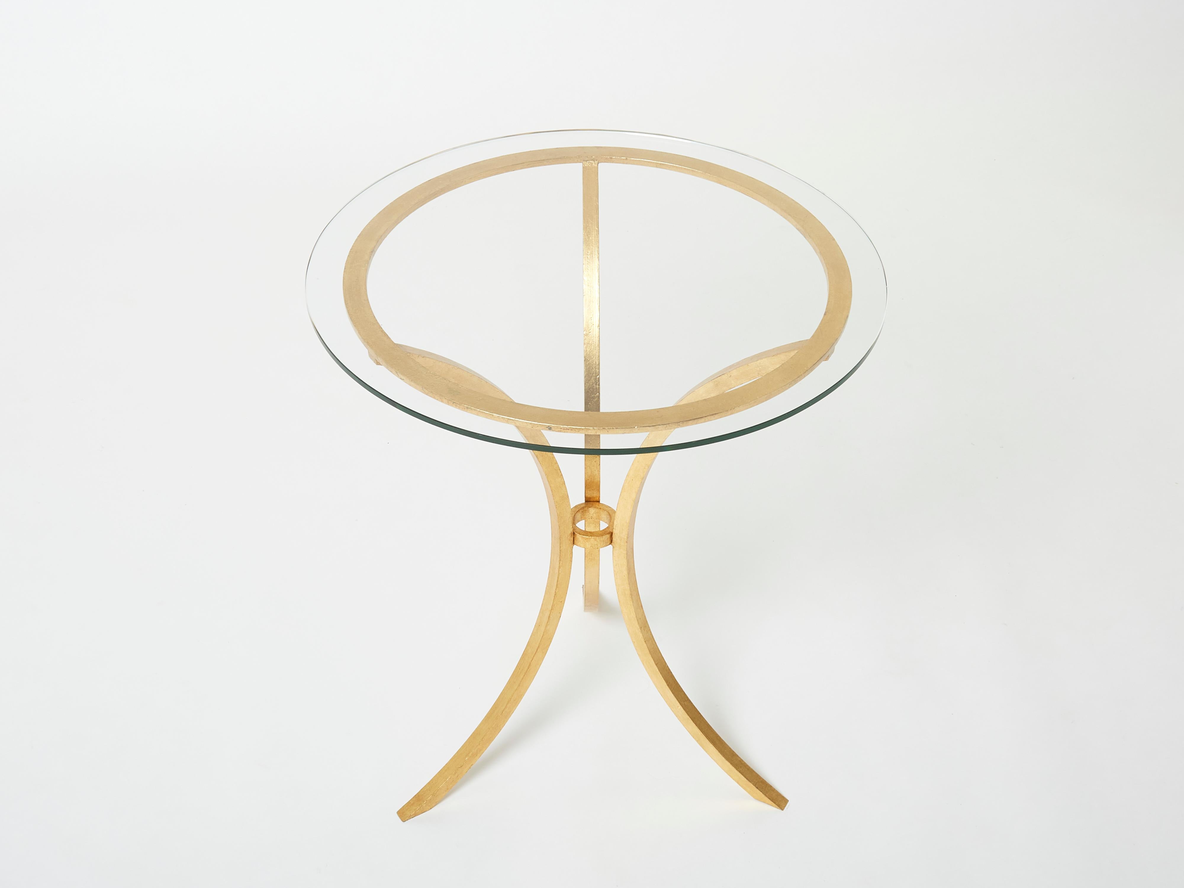 Roger Thibier Gueridon Table Gilded Wrought Iron Glass 1960s In Good Condition For Sale In Paris, IDF