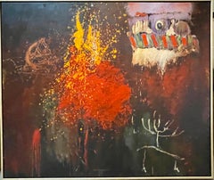 Large Abstract Oil Painting Belgian American Artist Roger Van Ouytsel Menorah