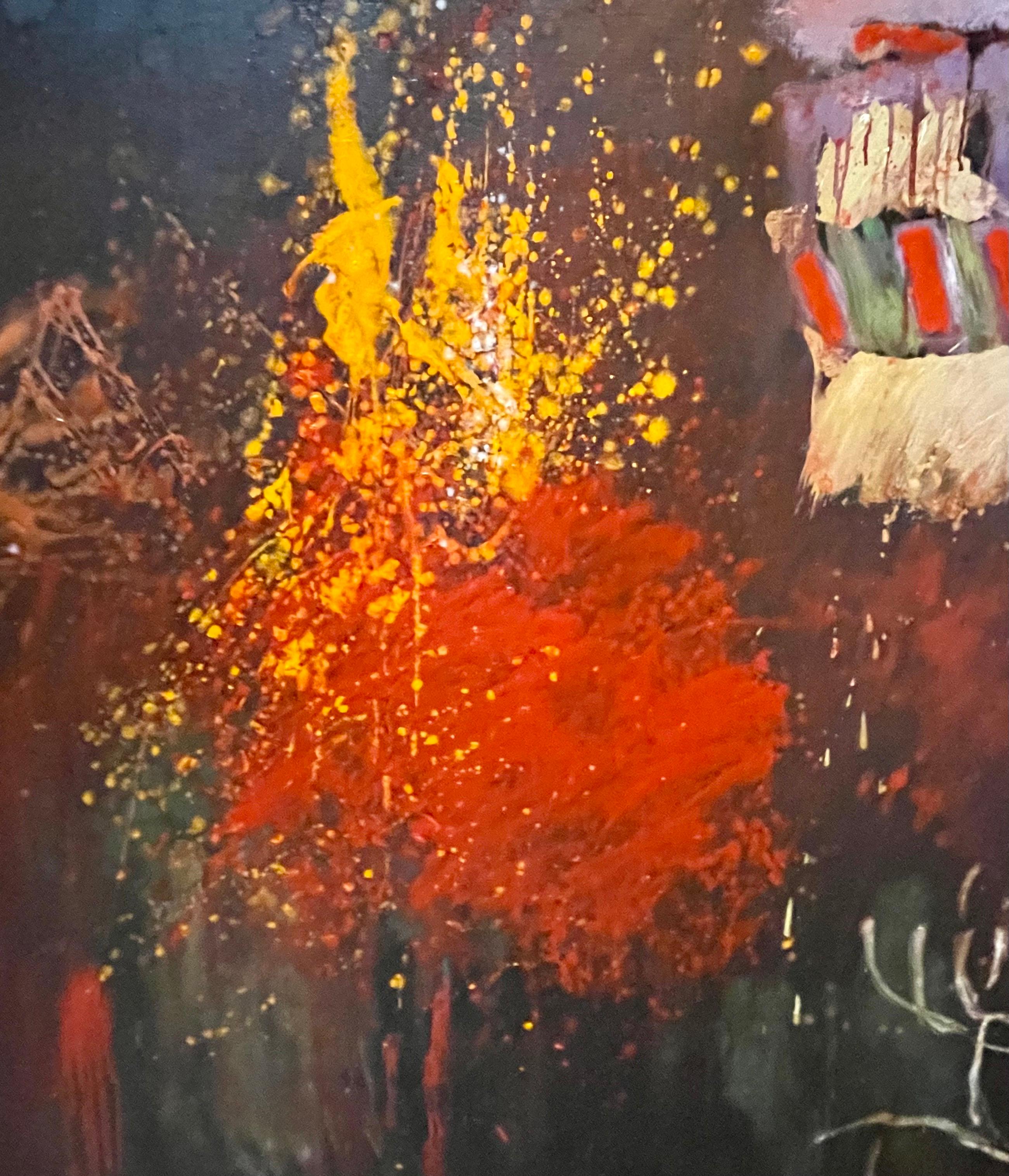 Grande quadro astratto a olio dell'artista belga-americano Roger Van Ouytsel Menorah 4