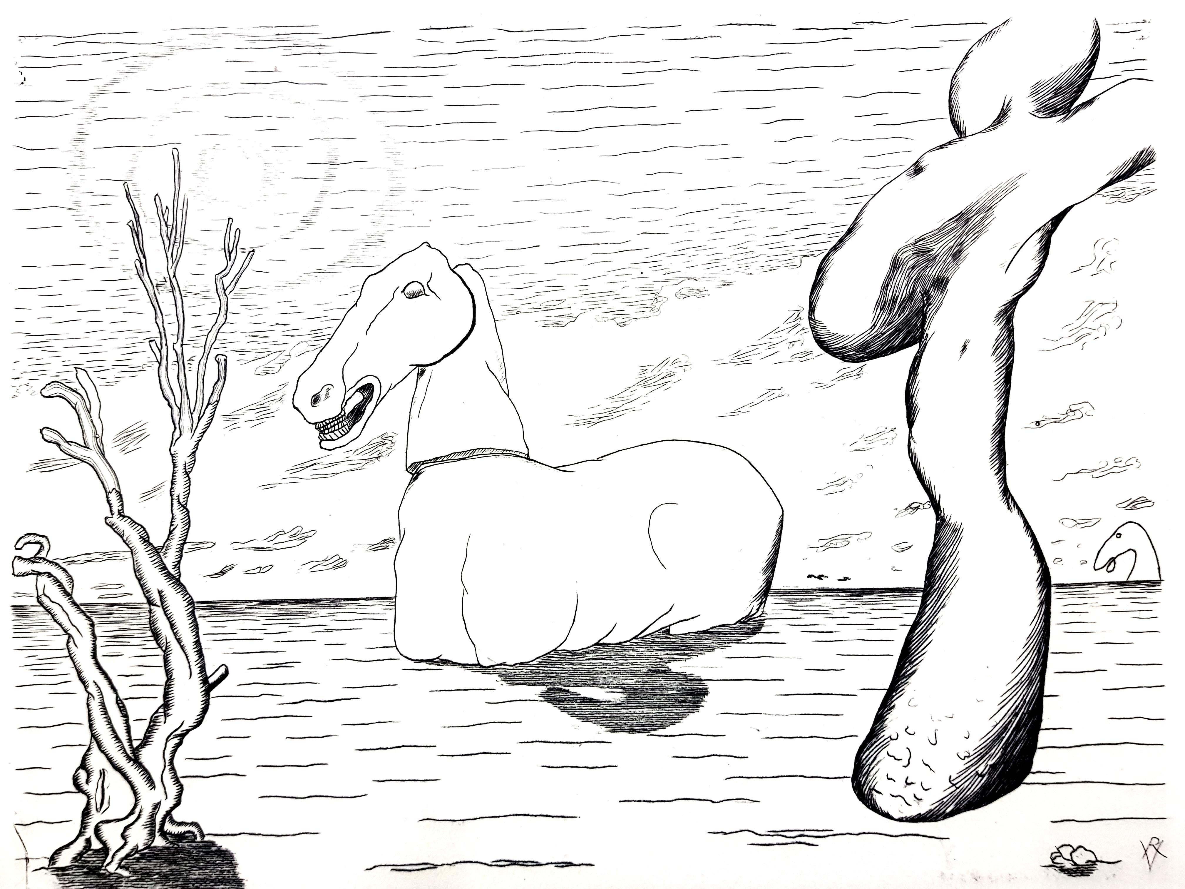 Roger Vieillard - Surrealist Horse - Original Etching For Sale 1