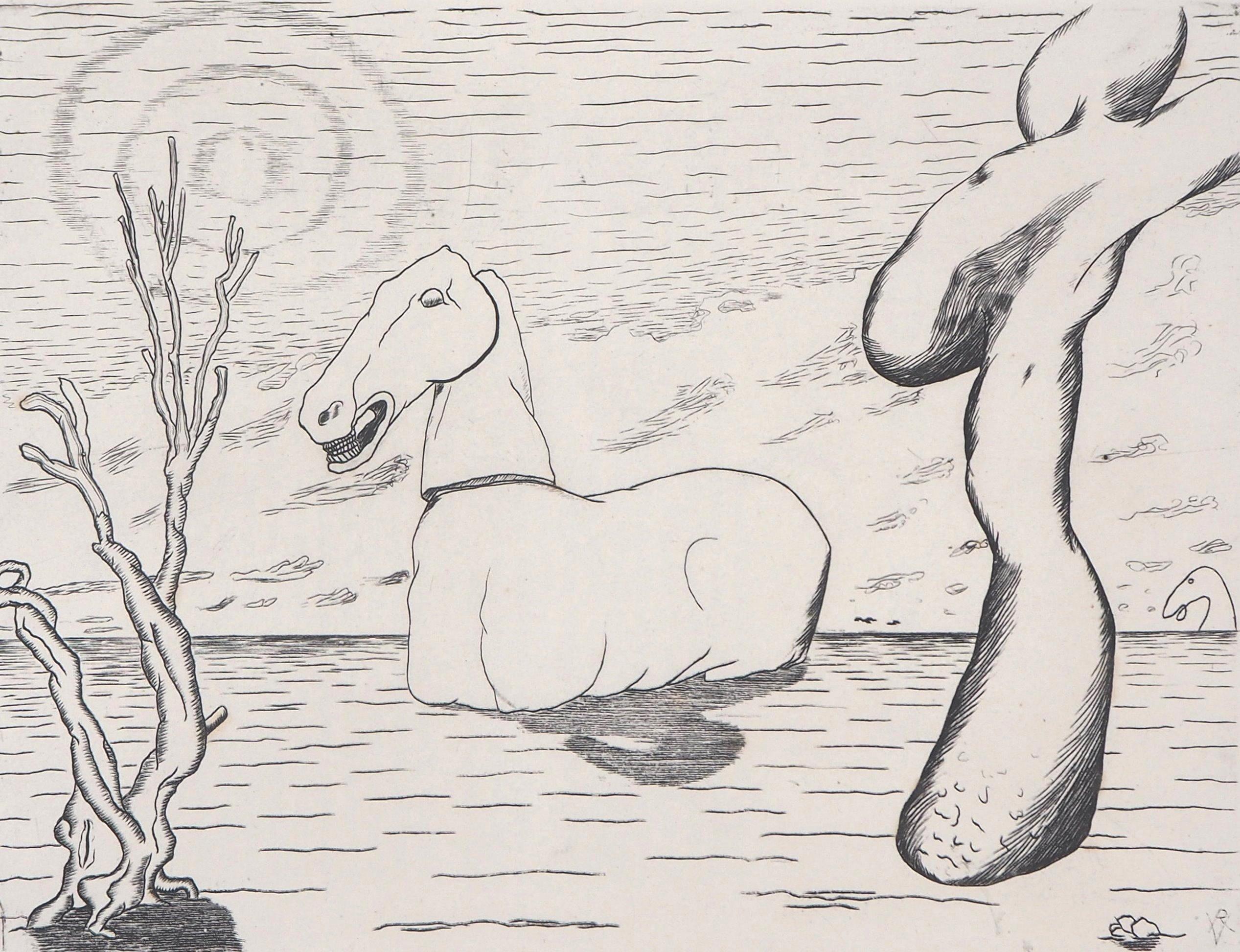 Surrealist Horse - Original Etching, 1946 - Gray Figurative Print by Roger Vieillard