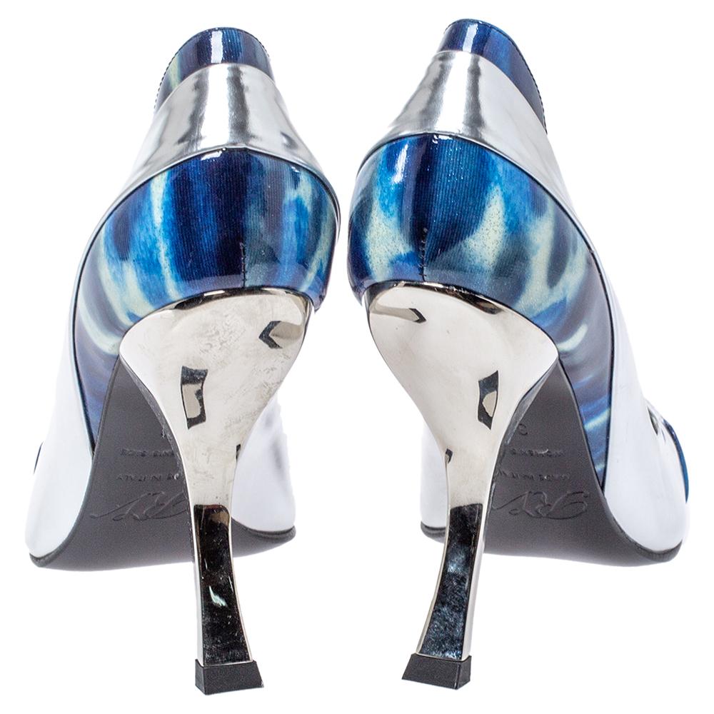 Gray Roger Viver Sliver/Blue Glitter Leather Pointed Toe Pumps Size 36
