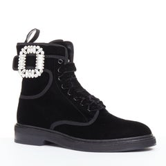 ROGER VIVIER 2020 Viv Rangers velvet crystal strass buckle utility combat boots