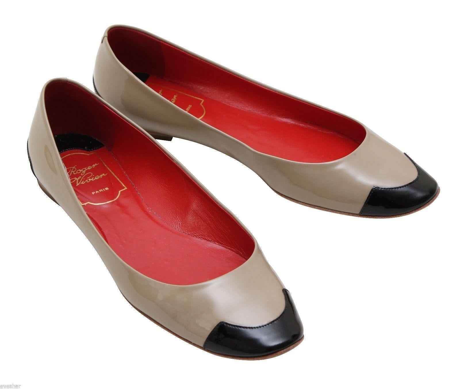 Brown ROGER VIVIER Ballet Flat Heel Shoe Patent Leather Taupe Black HELLO COCO T.05 37 For Sale