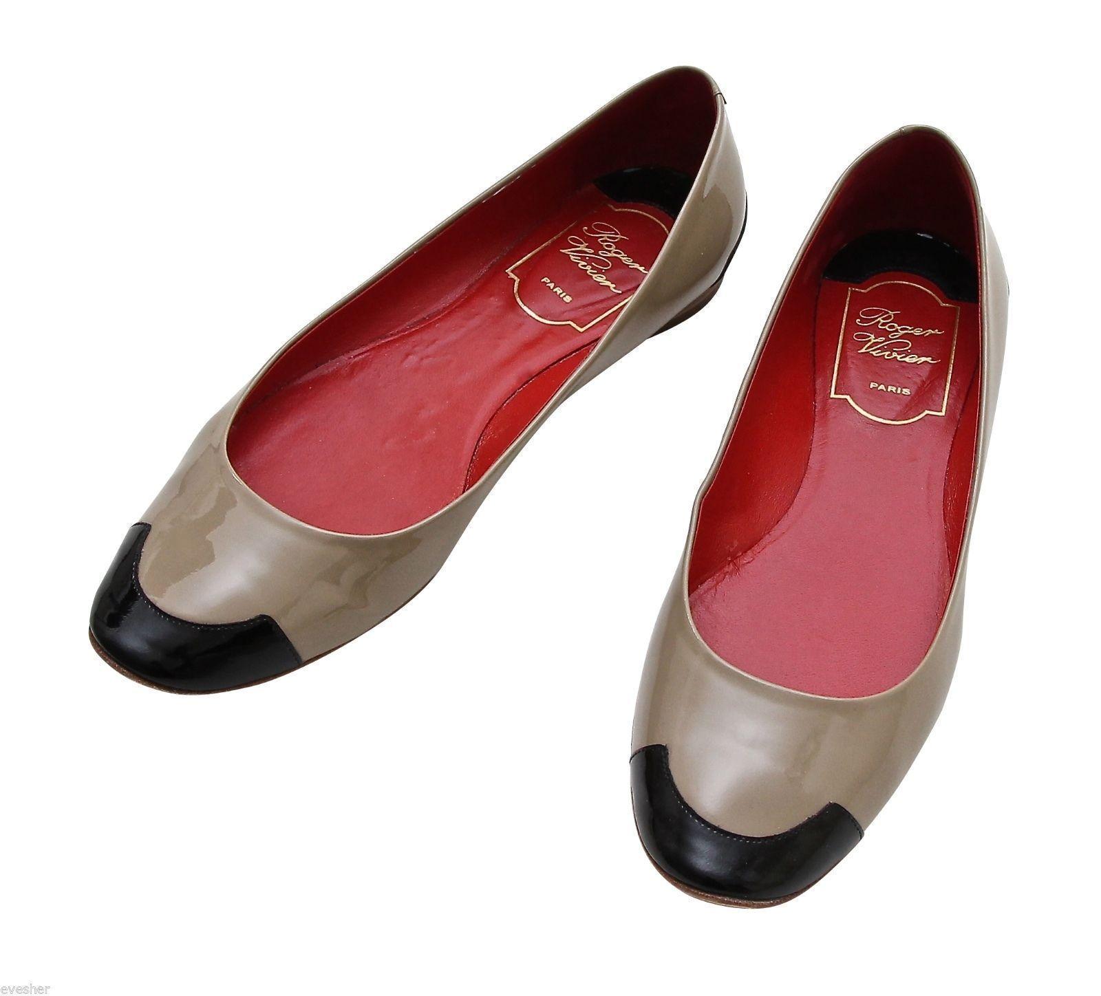 ROGER VIVIER Ballet Flat Heel Shoe Patent Leather Taupe Black HELLO COCO T.05 37 In Good Condition For Sale In Hollywood, FL