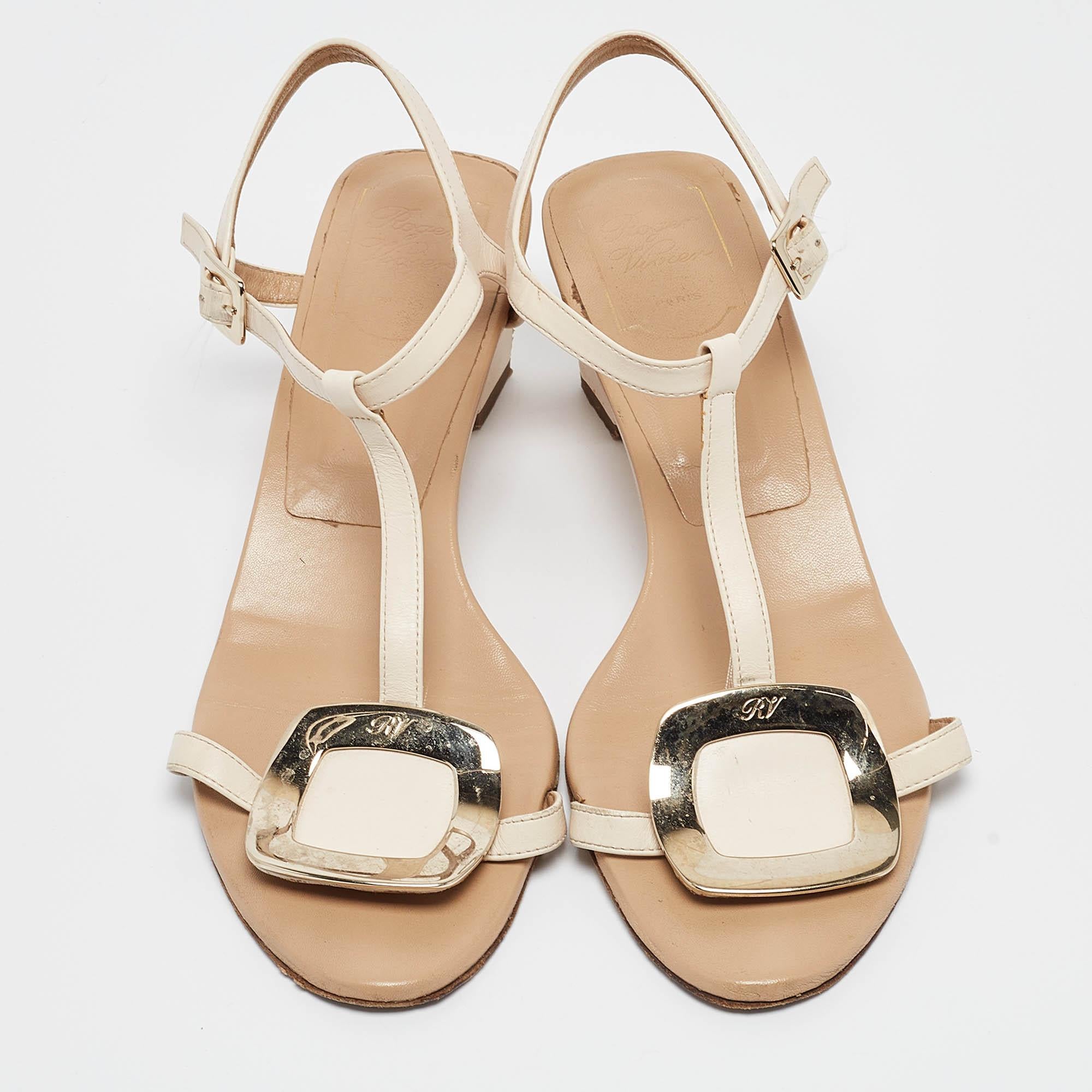 Bianco Roger Vivier Beige/Off White Leather Chips T Strap Sandals Taglia 39
