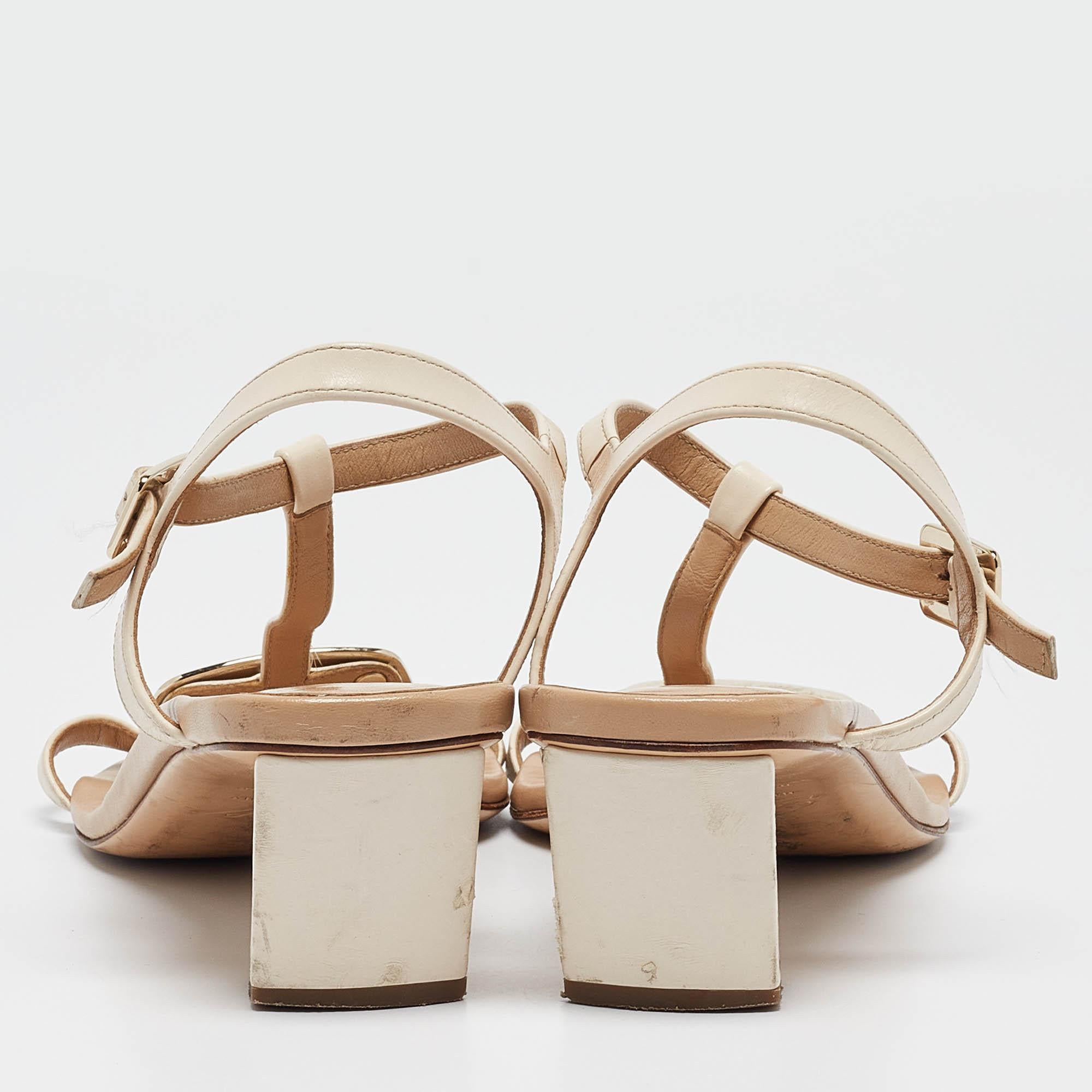 Donna Roger Vivier Beige/Off White Leather Chips T Strap Sandals Taglia 39