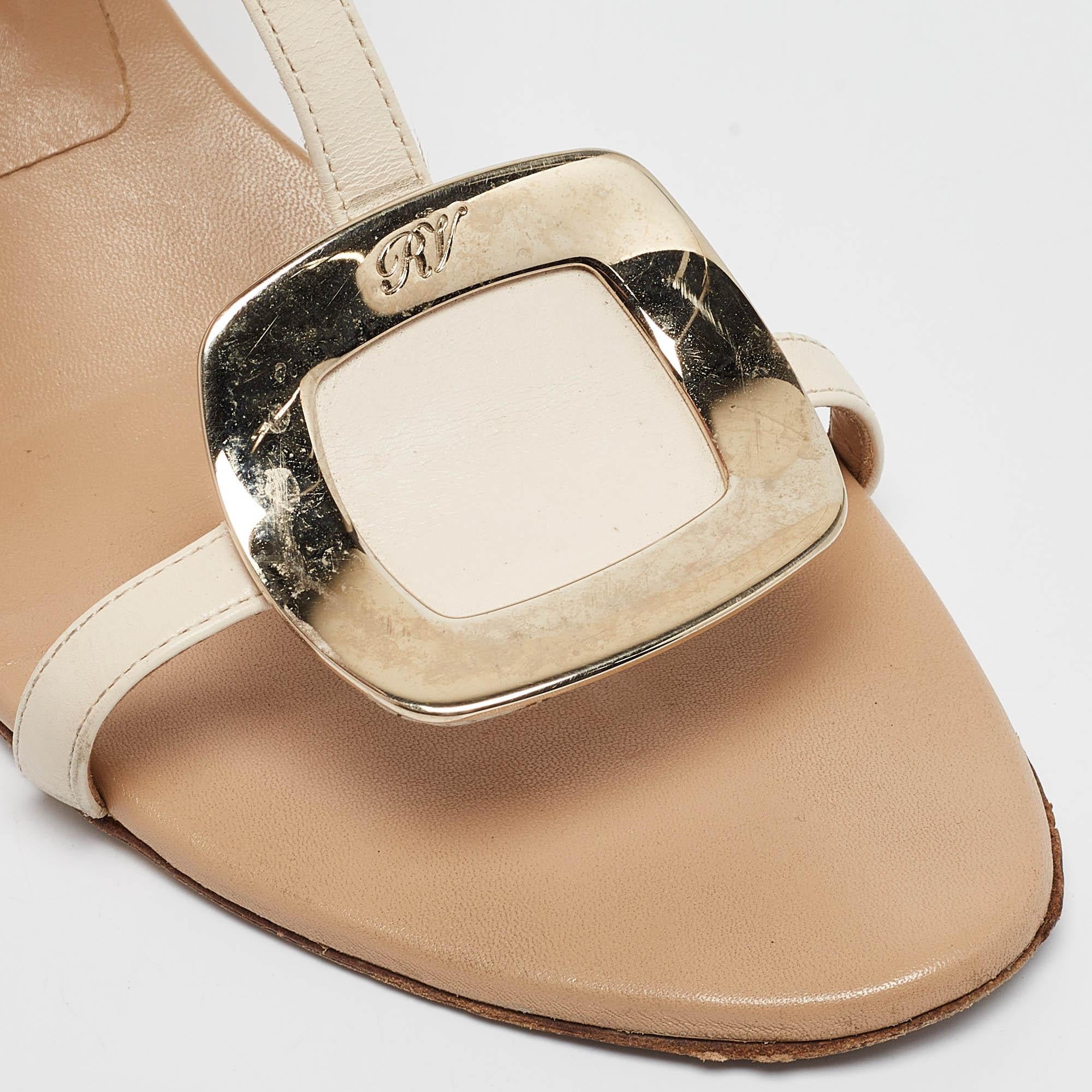 Roger Vivier Beige/Off White Leather Chips T Strap Sandals Taglia 39 2