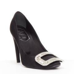 ROGER VIVIER Belle Trompete black satin crystal square buckles pumps EU34