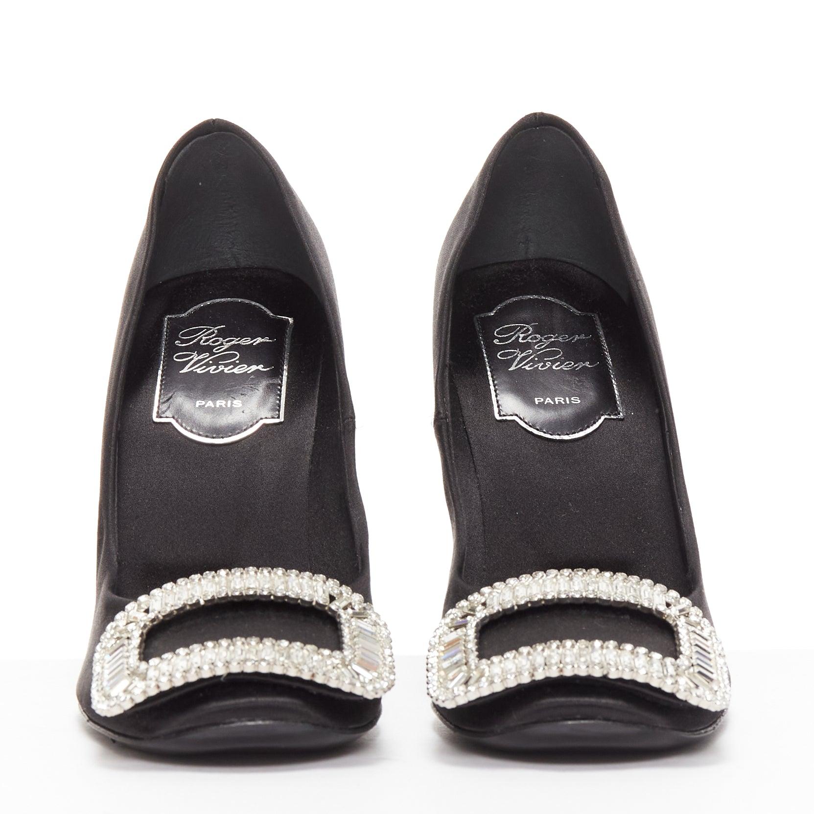 ROGER VIVIER Belle Trompete black satin crystal square buckles pumps EU34 In Good Condition For Sale In Hong Kong, NT