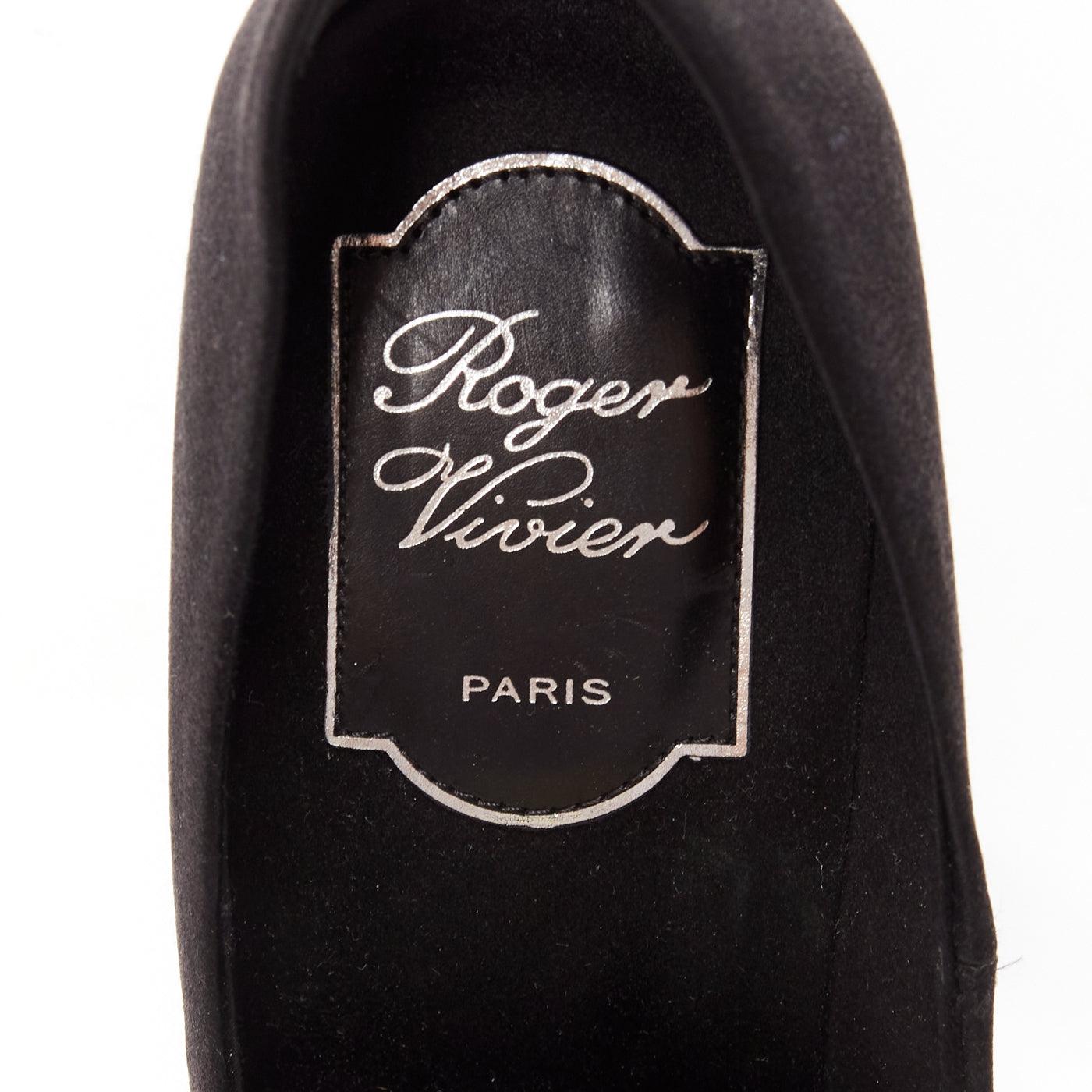 ROGER VIVIER Belle Trompete black satin crystal square buckles pumps EU34 4