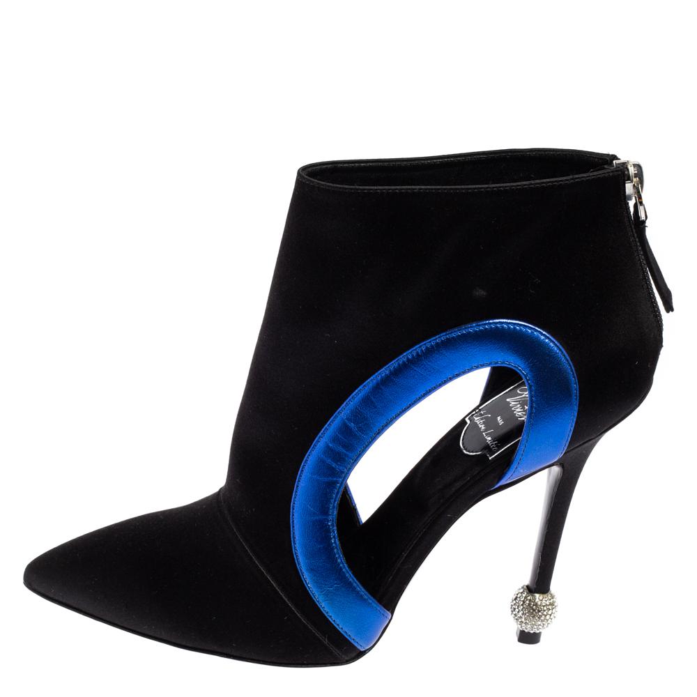 Women's Roger Vivier Black-Blue Satin Embellished Heel Pointed Toe Ankle Boots Size 36