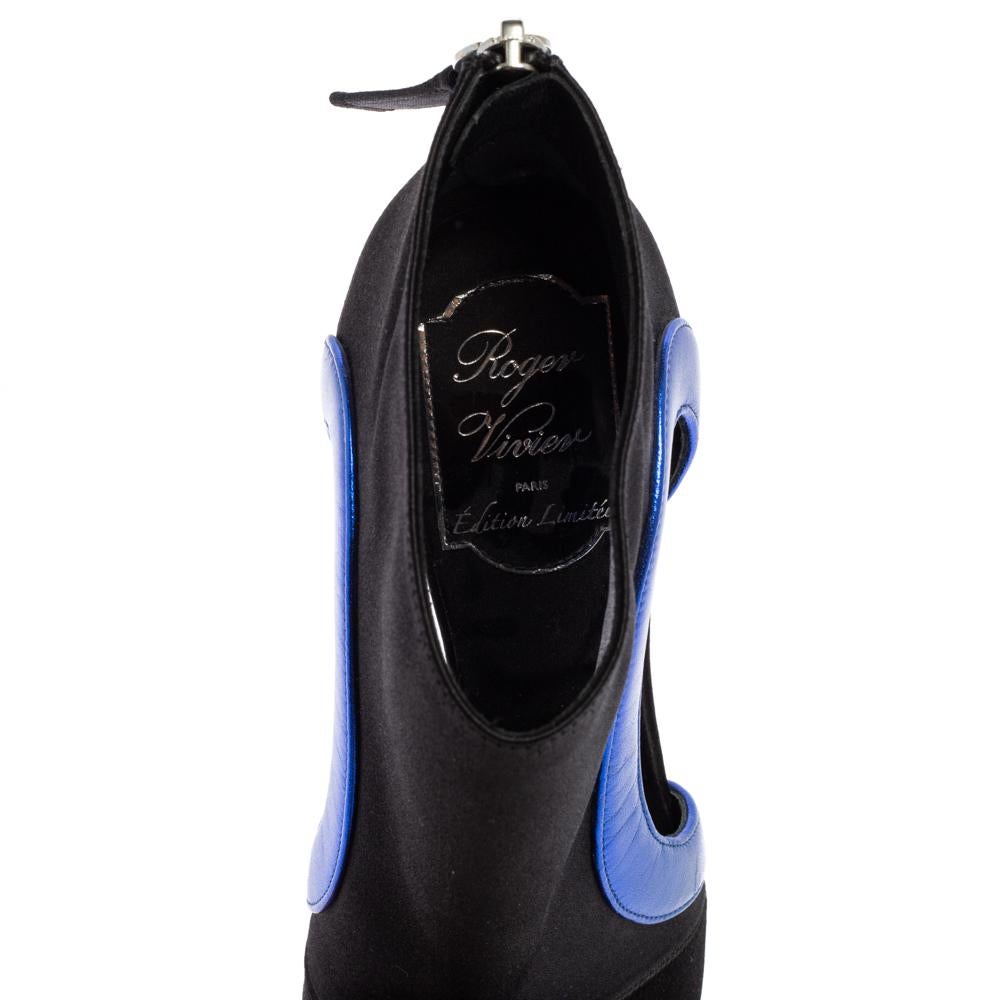 Roger Vivier Black-Blue Satin Embellished Heel Pointed Toe Ankle Boots Size 36 1