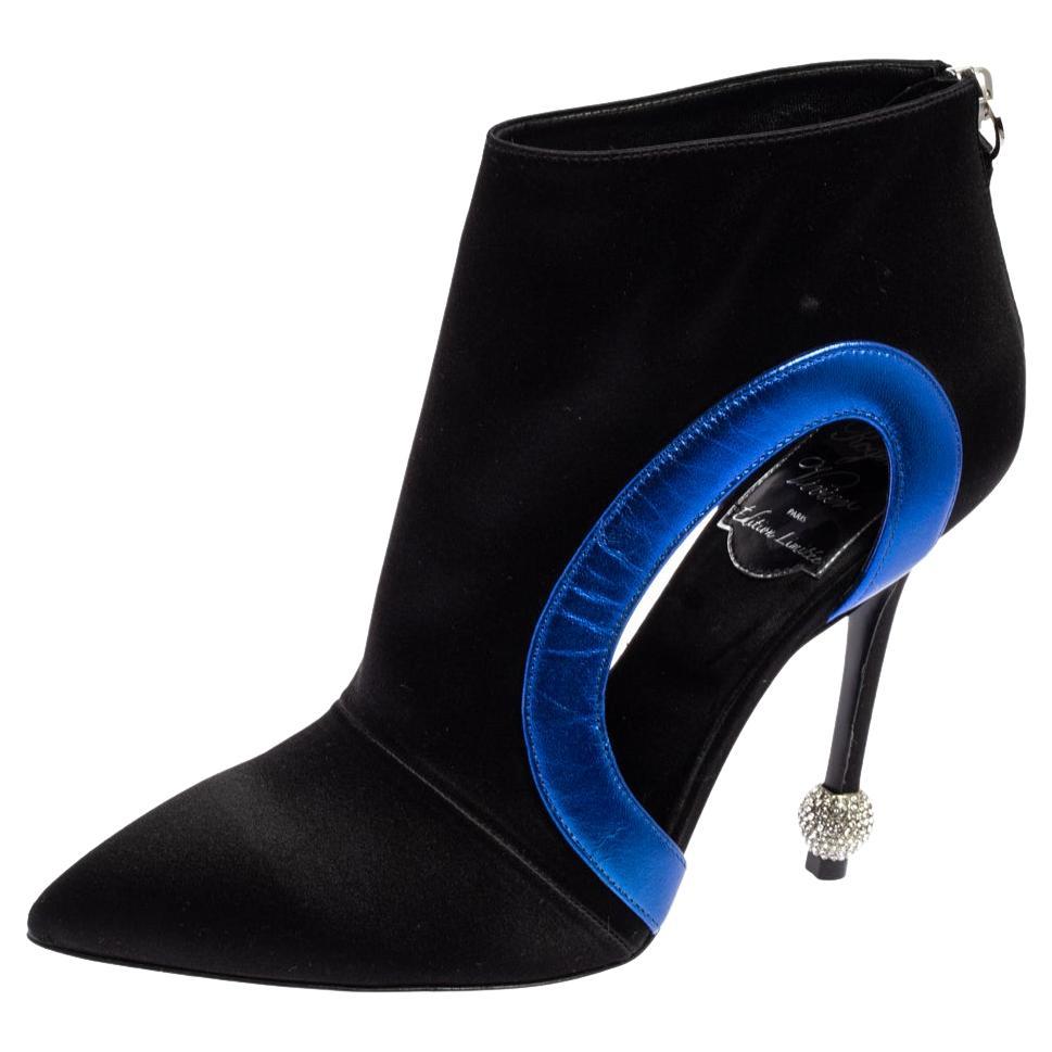 Roger Vivier Black-Blue Satin Embellished Heel Pointed Toe Ankle Boots Size 36