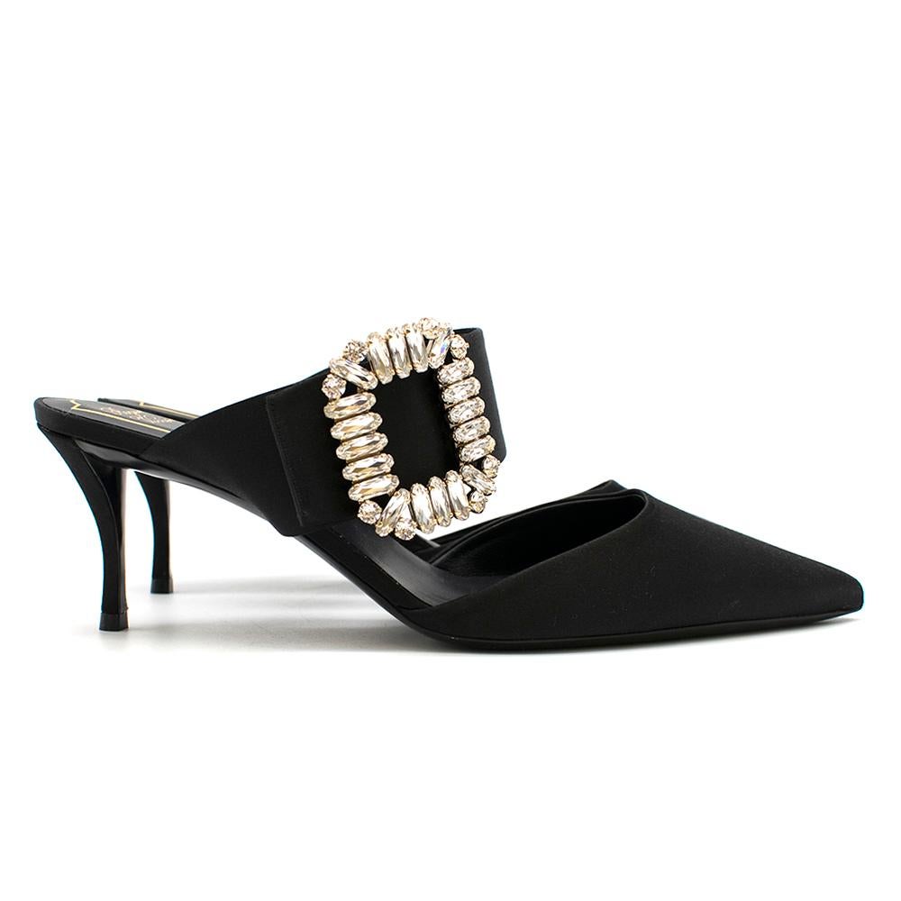 Roger Vivier mules made of lustrous black satin and topped with a crystal-embellished buckle. 

- Pointed-toe
- Slip-on
- Kitten heel 
- Leather insole
- Made in Italy


Heel height: 6.5cm
Insole: 27cm
