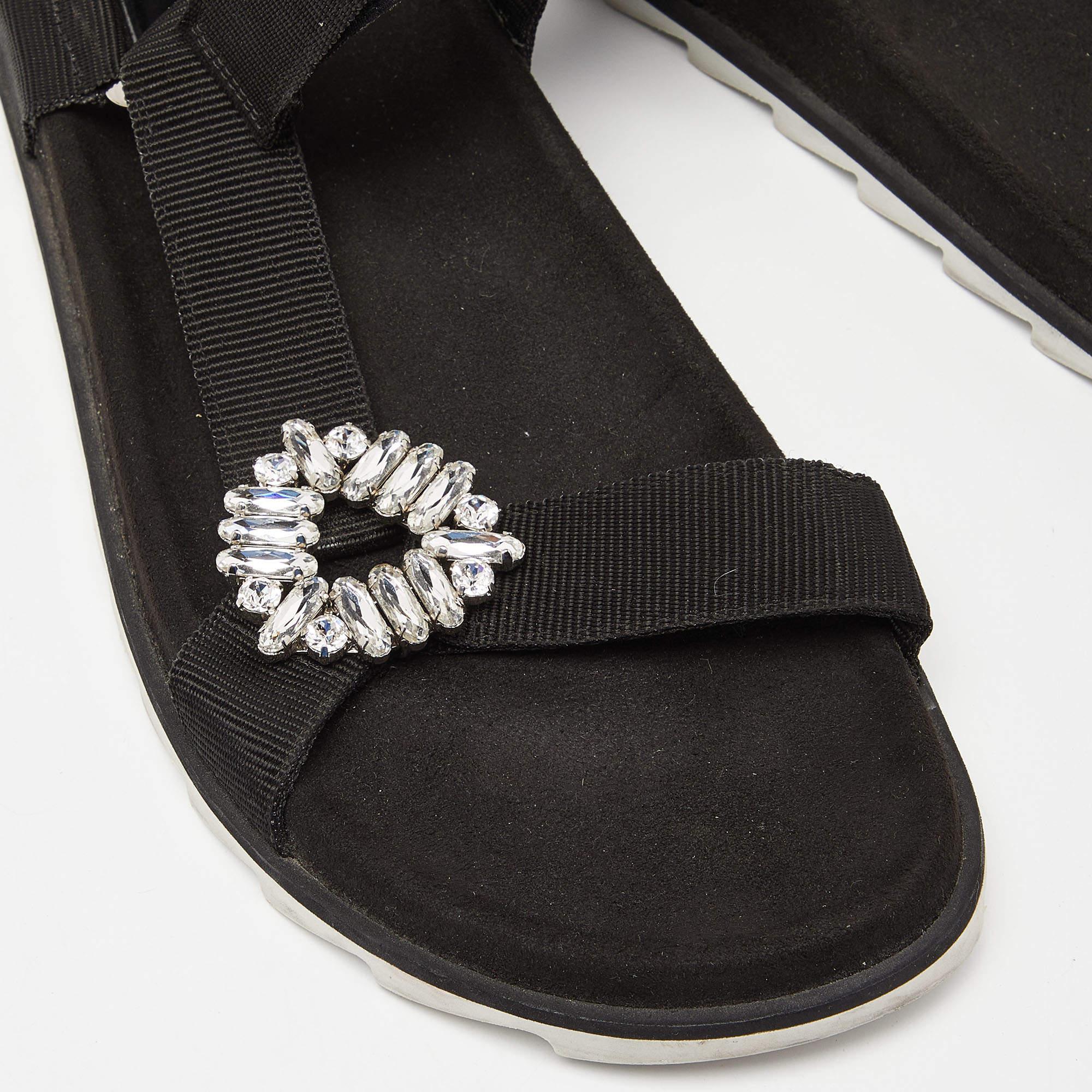 Women's Roger Vivier Black Fabric Crystal Embellished Buckle Trekky Viv' Flat Sandals Si For Sale