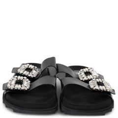 ROGER VIVIER black leather SLIDY VIV CRYSTAL SLIDE Sandals Shoes 39