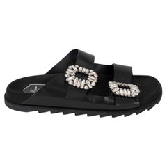 ROGER VIVIER black leather SLIDY VIV CRYSTAL SLIDE Sandals Shoes 39