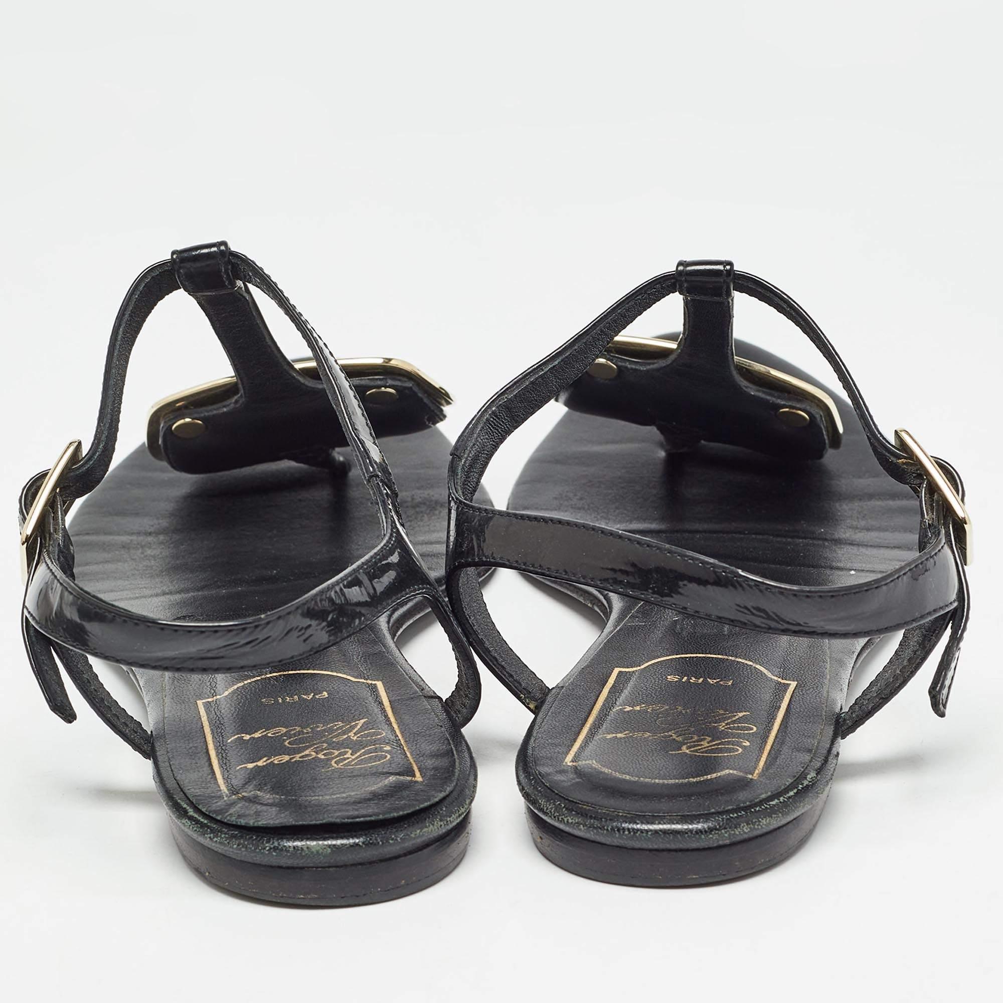 Roger Vivier Black Leather Slingback Flat Sandals Size 37 For Sale 1