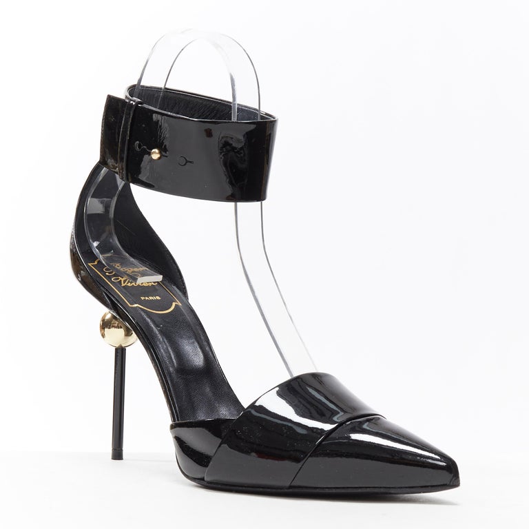 ROGER VIVIER black patent gold pearl high heel ankle strap dorsay pump ...