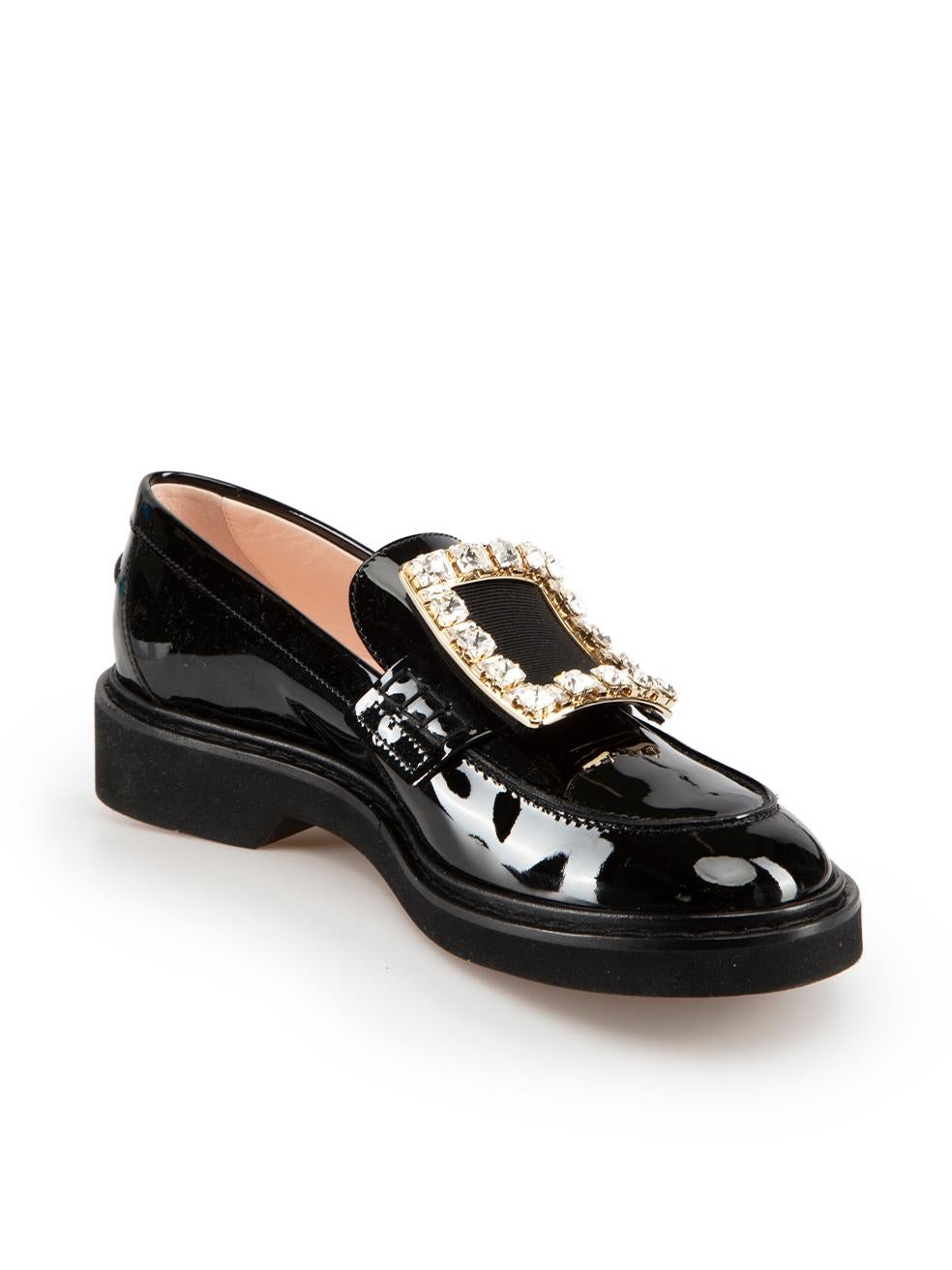 CONDITION is Never worn. No visible wear to shoes is evident on this new Roger Vivier designer resale item.
 
 Details
 Black
 Patent leather
 Slip on loafers
 Round toe
 Low heel
 Gemstone buckle accent
 
 
 Made in Italy
 
 Composition
 EXTERIOR: