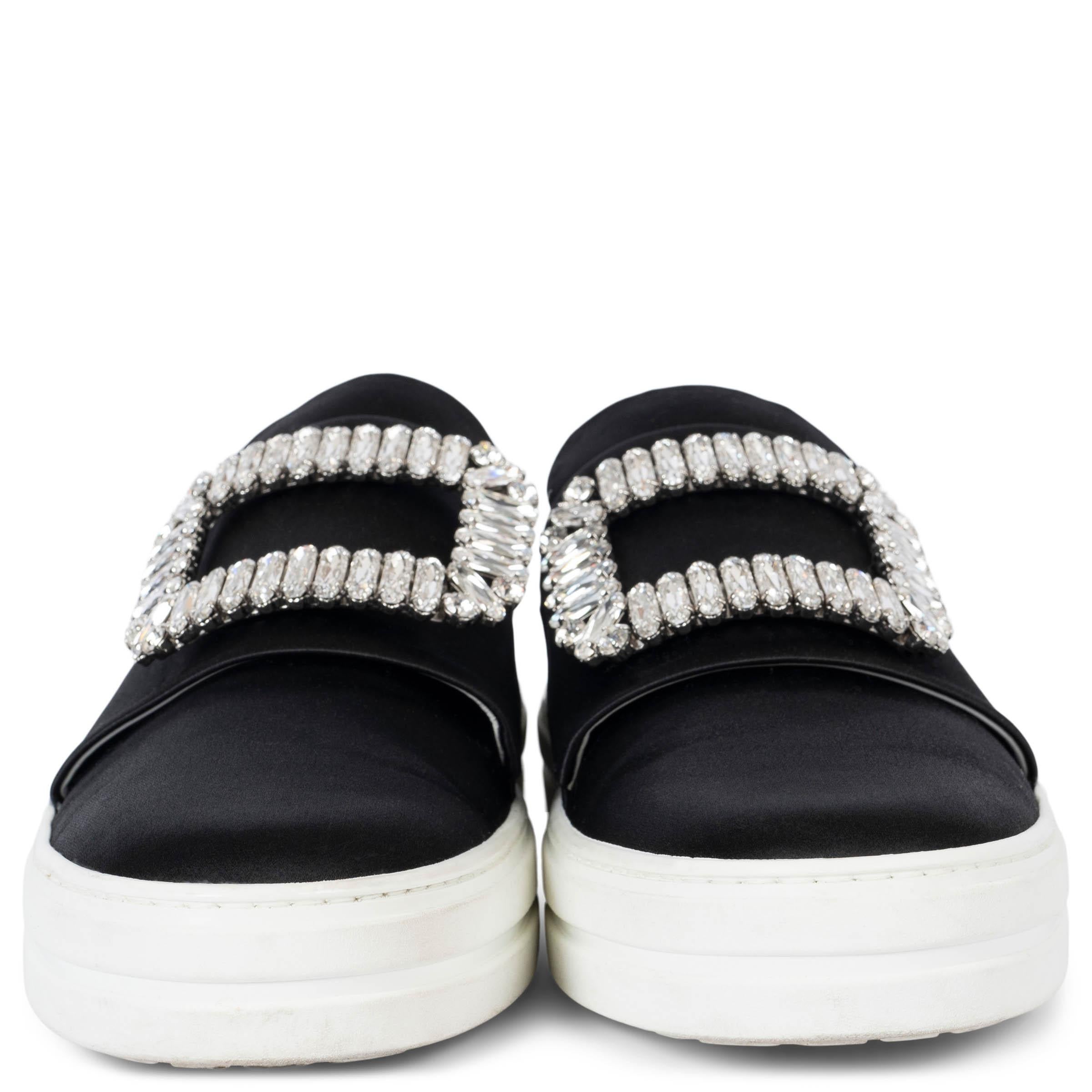 100% authentic Roger Vivier 2016 Sneaky Viv' sneakers in black satin embellished with signature crystal buckle set on a white rubber sole. Have been worn and are in excellent condition. 

Measurements
Imprinted Size	37.5 run large
Shoe