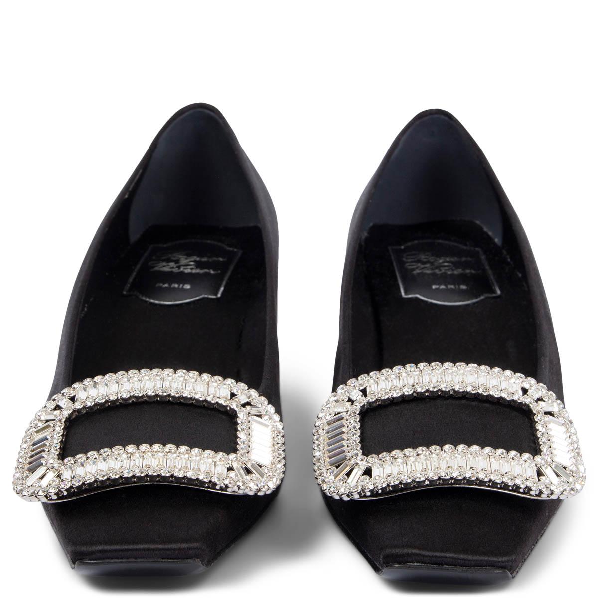100% authentic Roger Vivier Belle Vivier black satin pumps featuring the label's signature buckle in bright silver-tone metal with crystals and square toe. Brand new. Come with dust bags. 

Measurements
Imprinted Size	36
Shoe Size	36
Inside