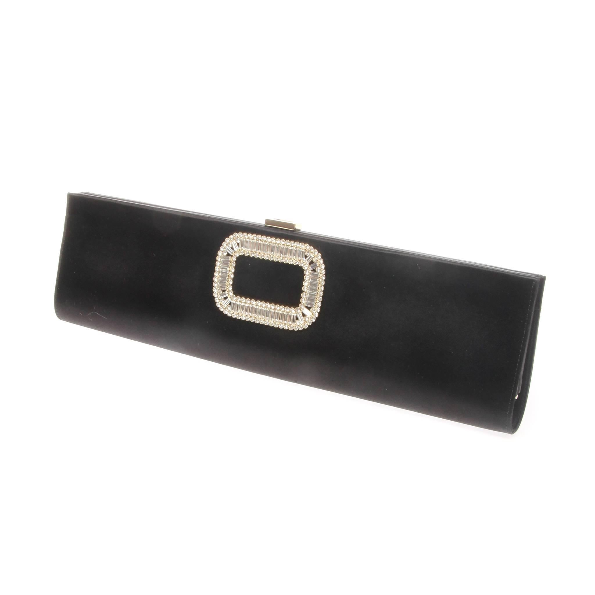 Black satin Roger Vivier clutch with silver-tone hardware, crystal embellishments at front, tonal satin interior lining and push-lock closure at top. 
