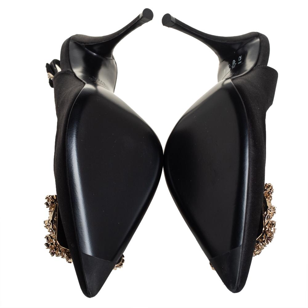 Women's Roger Vivier Black Satin Crystal-Embellished Slingback Pumps Size 37.5