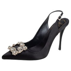 Roger Vivier Black Satin Crystal-Embellished Slingback Pumps Size 37.5