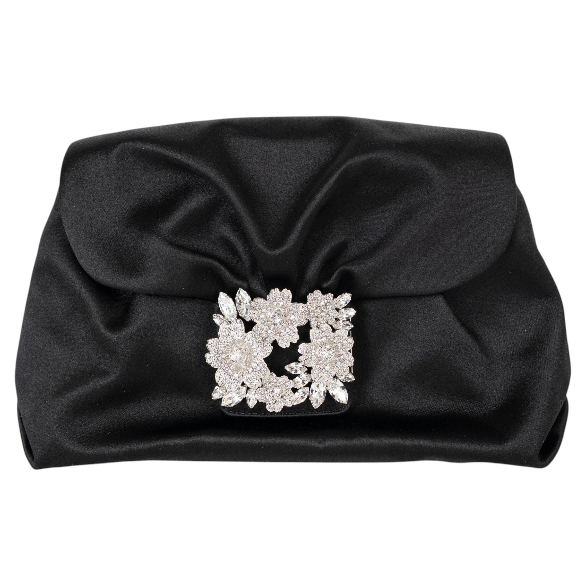 ROGER VIVIER black satin EFFLORESCENCE Clutch Bag For Sale