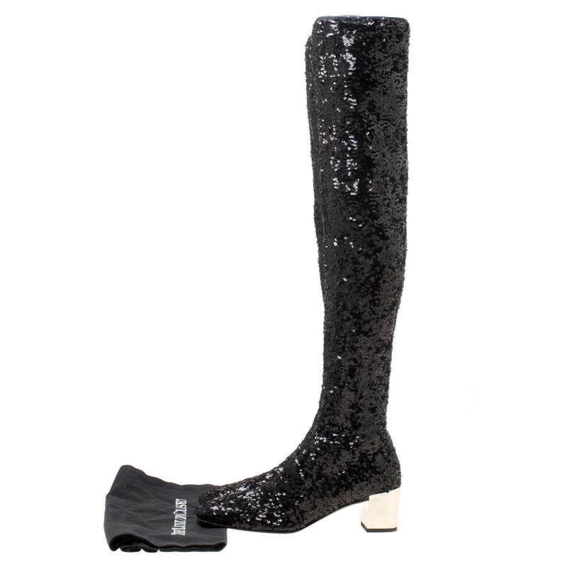 Roger Vivier Black Sequins Polly Over The Knee Mirror Block Heel Boots Size 36 1