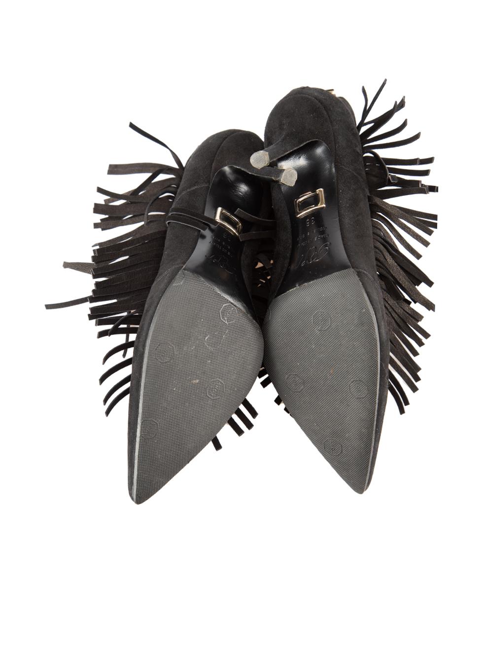 Women's Roger Vivier Black Suede Fringe Point Toe Boots Size IT 36 For Sale