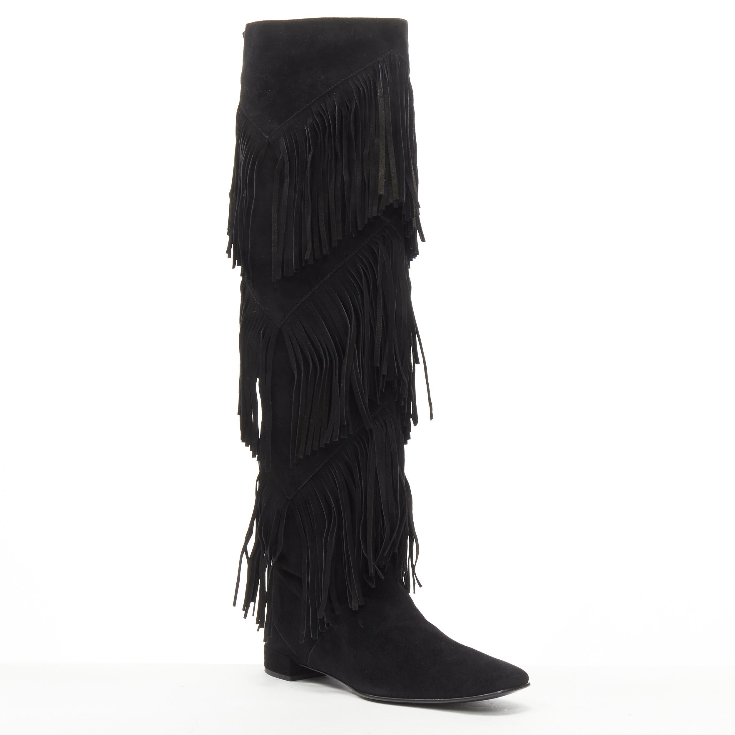 ROGER VIVIER black suede fringe trimmed pull on flat boots EU38.5 
Reference: AEMA/A00056 
Brand: Roger Vivier 
Material: Suede 
Color: Black 
Pattern: Solid 
Extra Detail: Fringe trimmed pull on boots. Suede covered heel. 
Made in: Italy