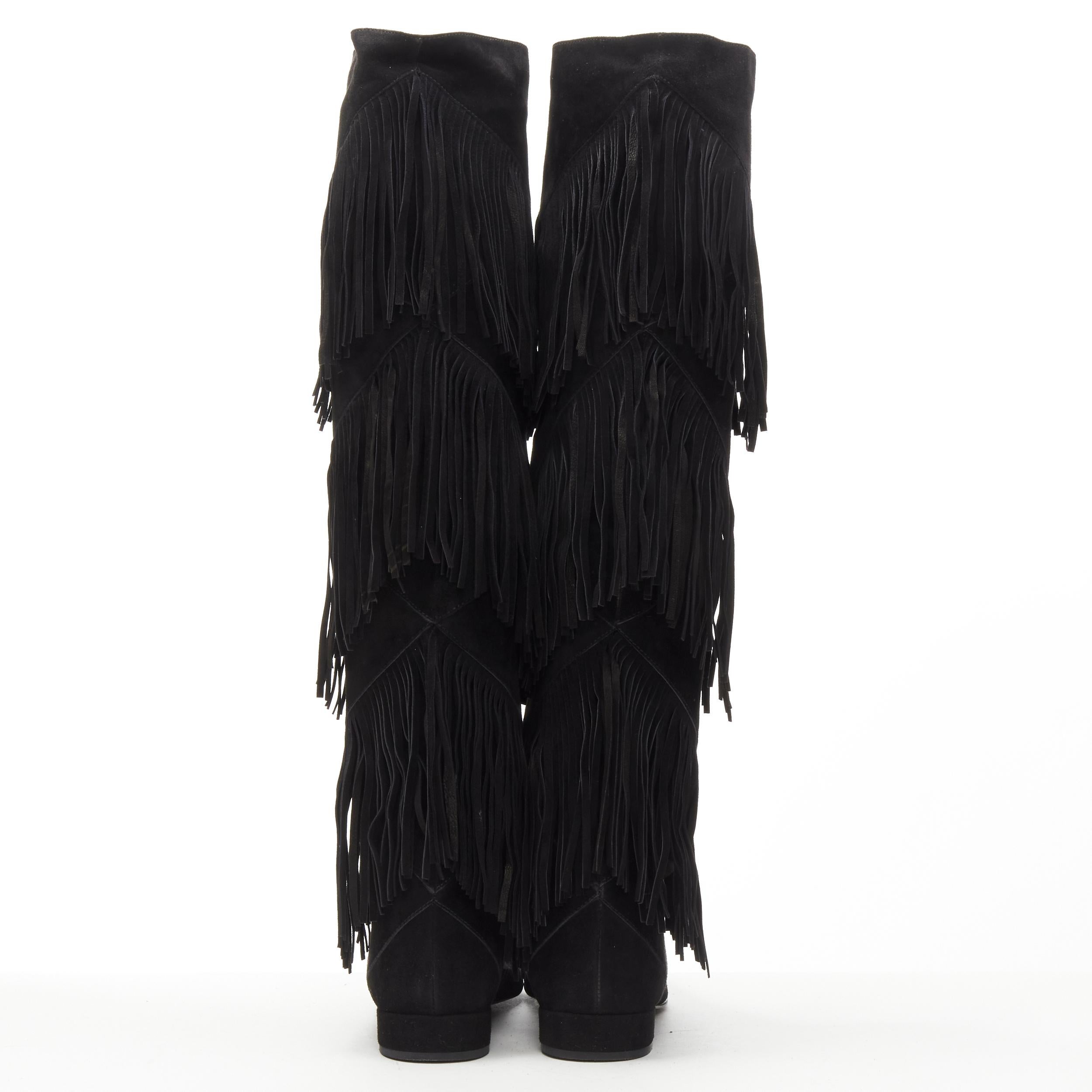 ROGER VIVIER black suede fringe trimmed pull on flat boots EU38.5 In Excellent Condition In Hong Kong, NT