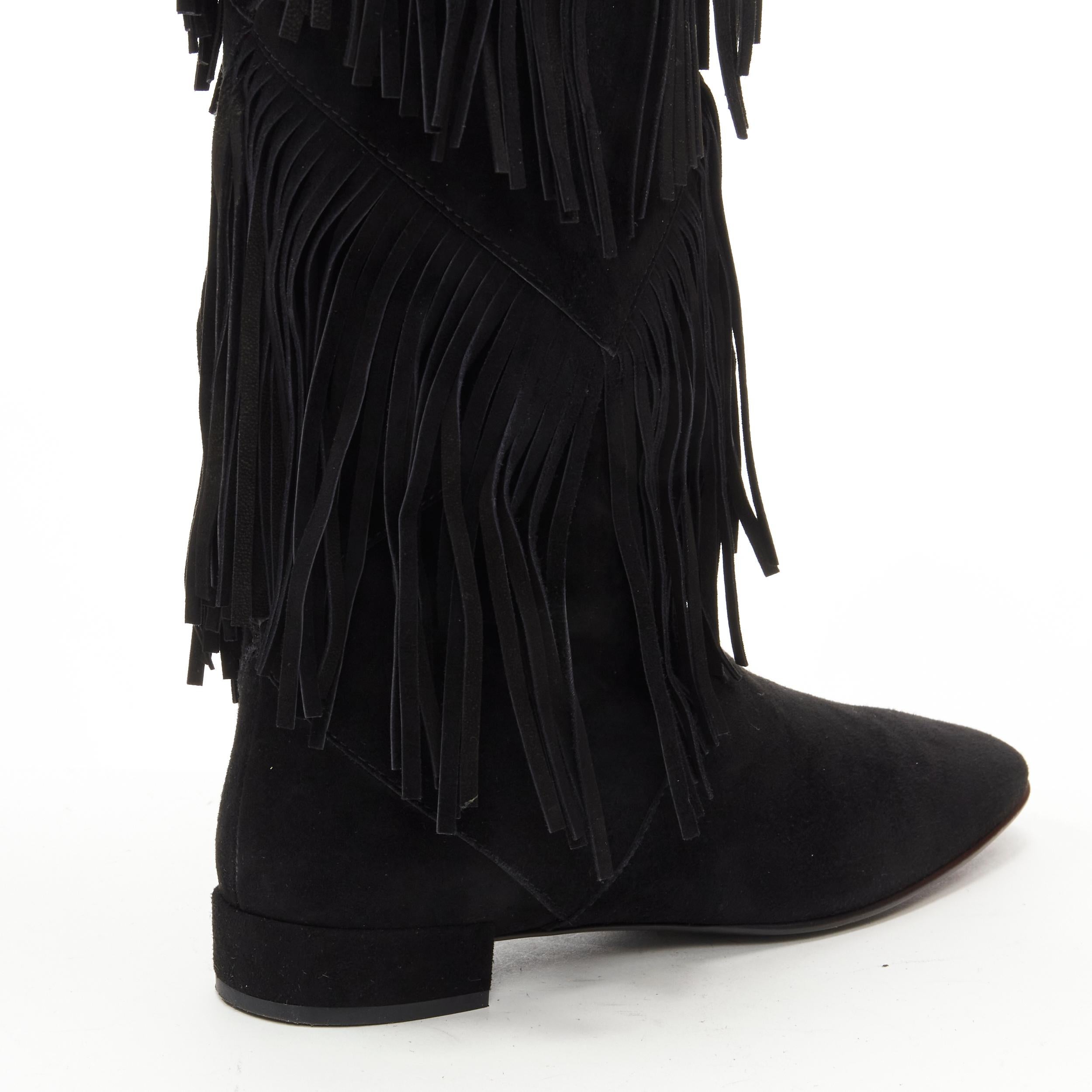 Women's ROGER VIVIER black suede fringe trimmed pull on flat boots EU38.5