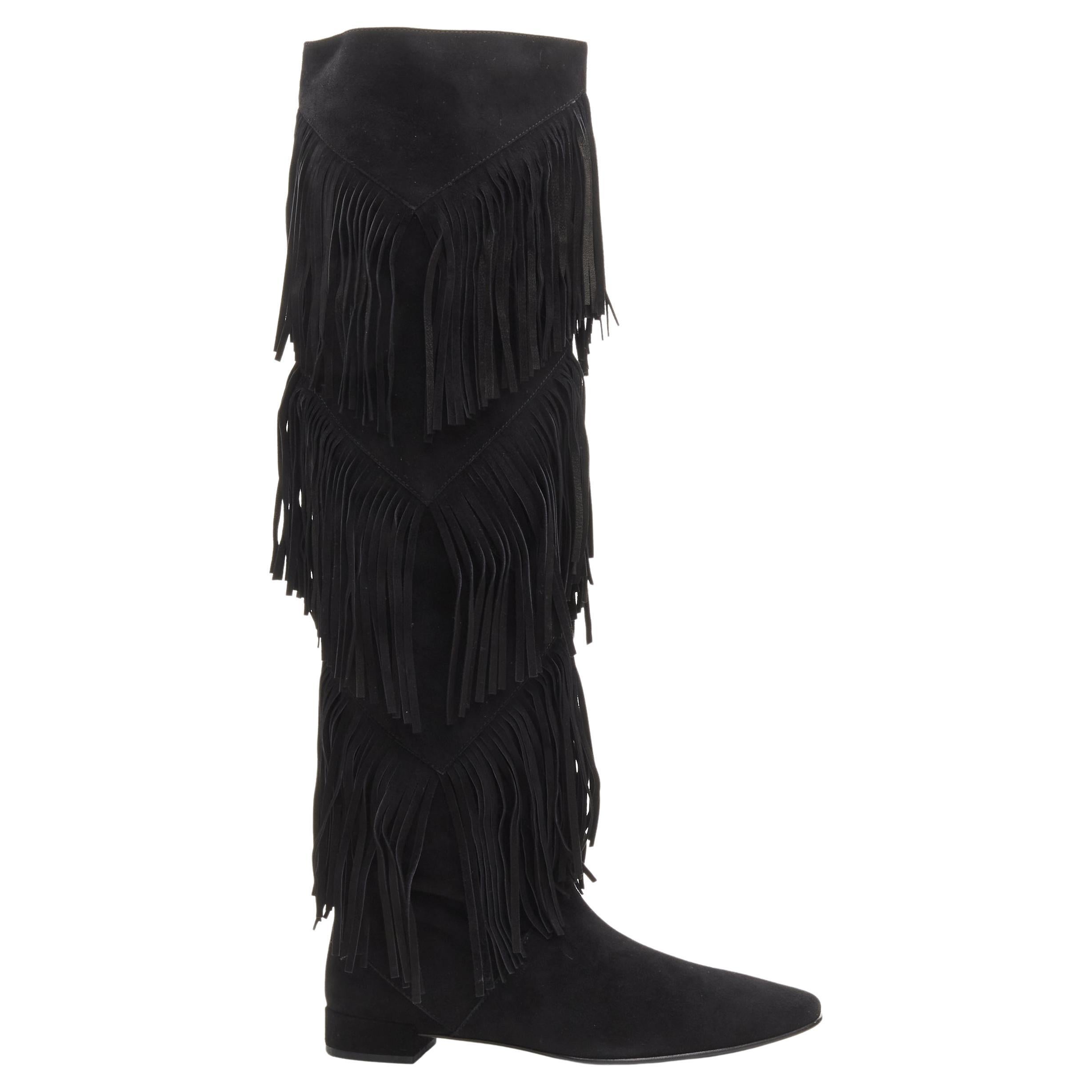 ROGER VIVIER black suede fringe trimmed pull on flat boots EU38.5