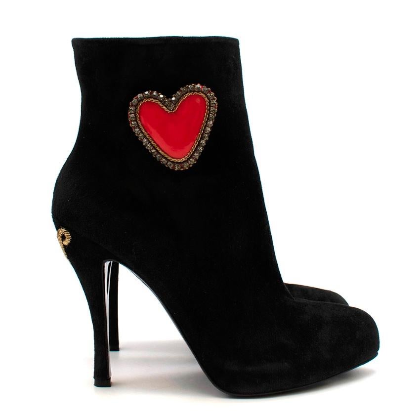 Roger Vivier Black Suede Heart Detail Ankle Boots

- Made of soft velvet-like suede 
- Gorgeous leather and crystals red heart details to the sides 
- Branded gold-tone embroidery details to the back 
- Neutral easy to style black hue 
- Stiletto