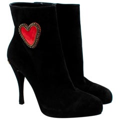 Roger Vivier Black Suede Heart Embroidered Ankle Boots - Size EU 41